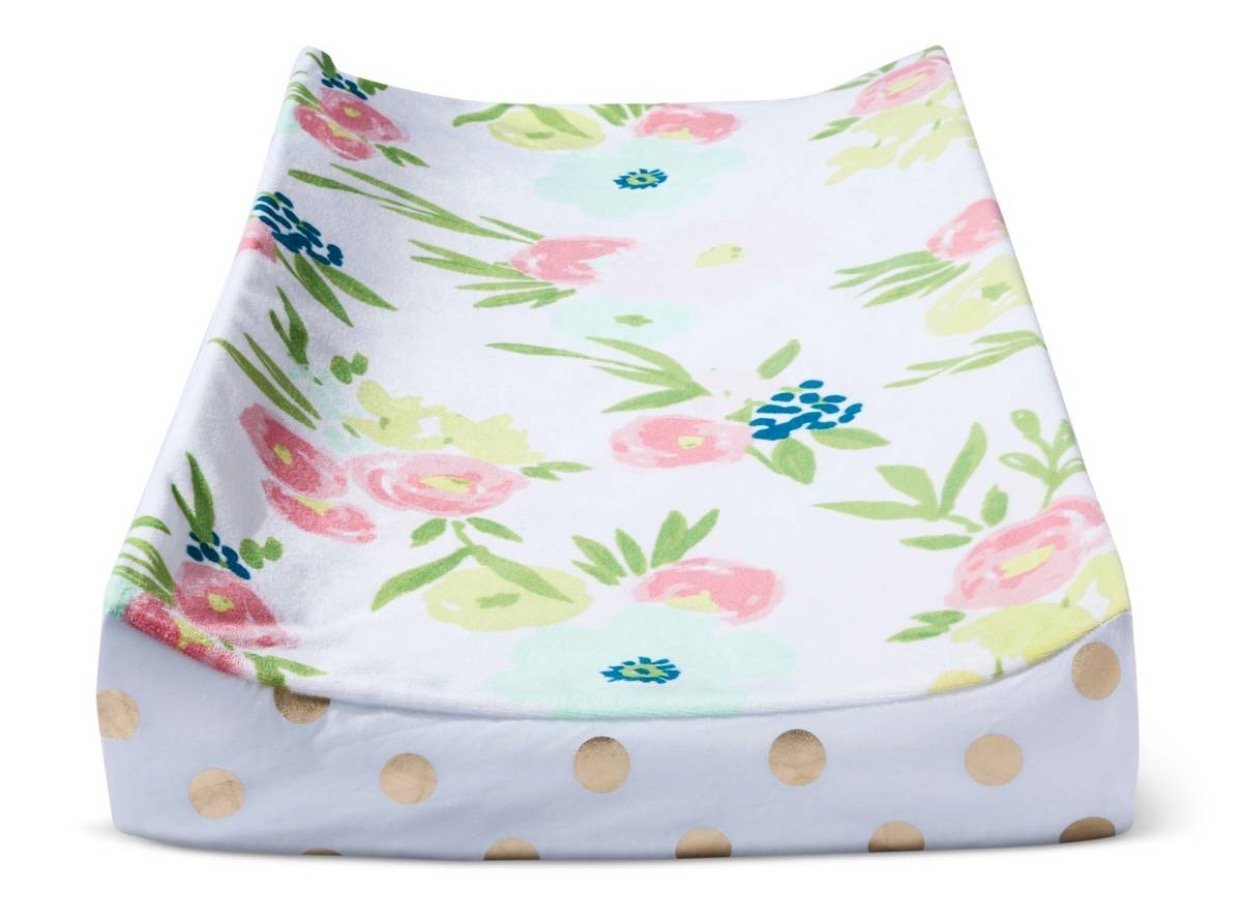 Cloud Island Soft Plush Diaper Changing Pad Cover - Floral & Gold Dots Design, Blue Waterproof Changing Mat for Baby Nursery, Travel & On-the-Go Diaper Changes