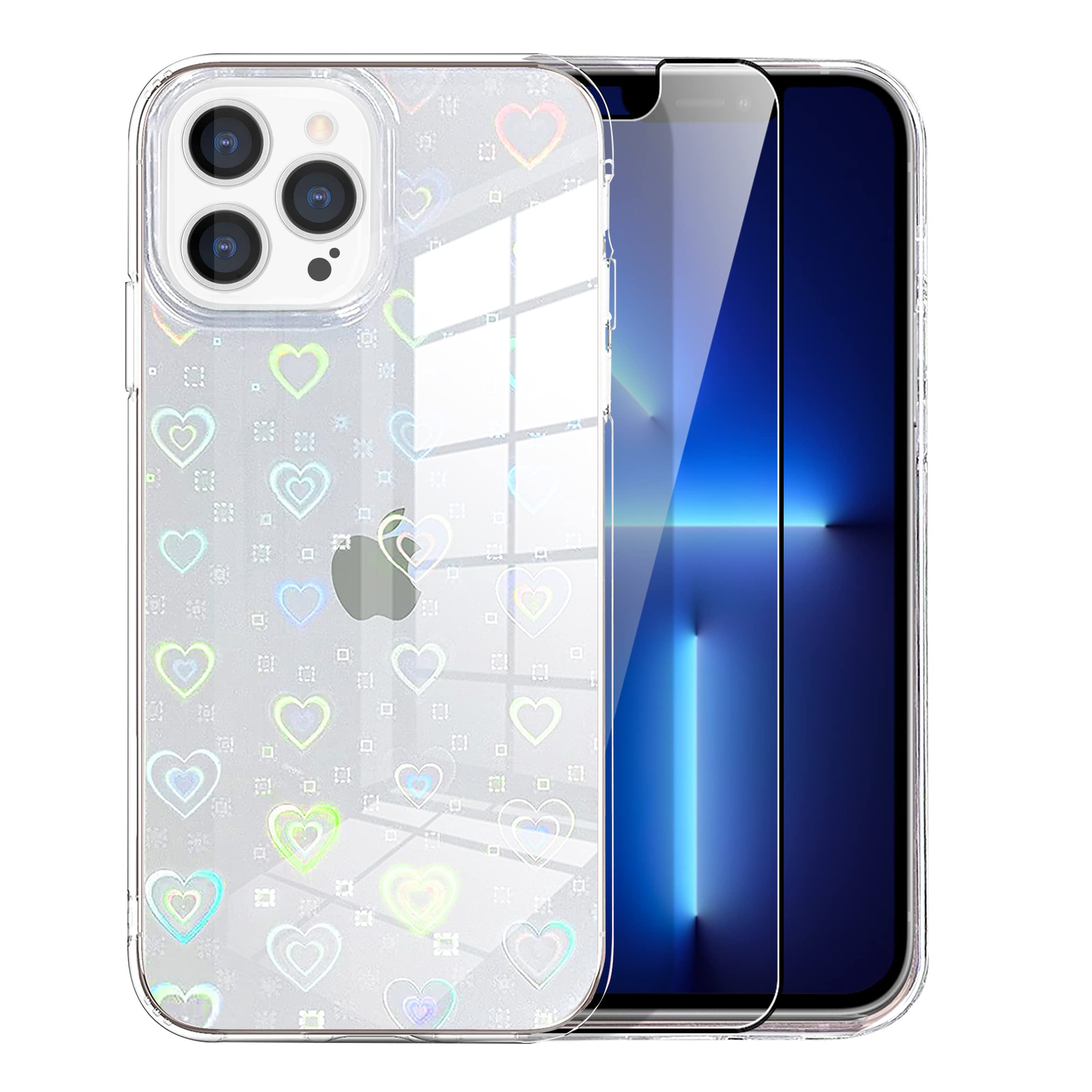 MZELQ iPhone 13 Pro Max Case with Laser Bling Glitter Rainbow Heart Design - Luxury Crystal Phone Cover for Women & Girls + Screen Protector | Perfect for Everyday Use, Parties & Gift Giving