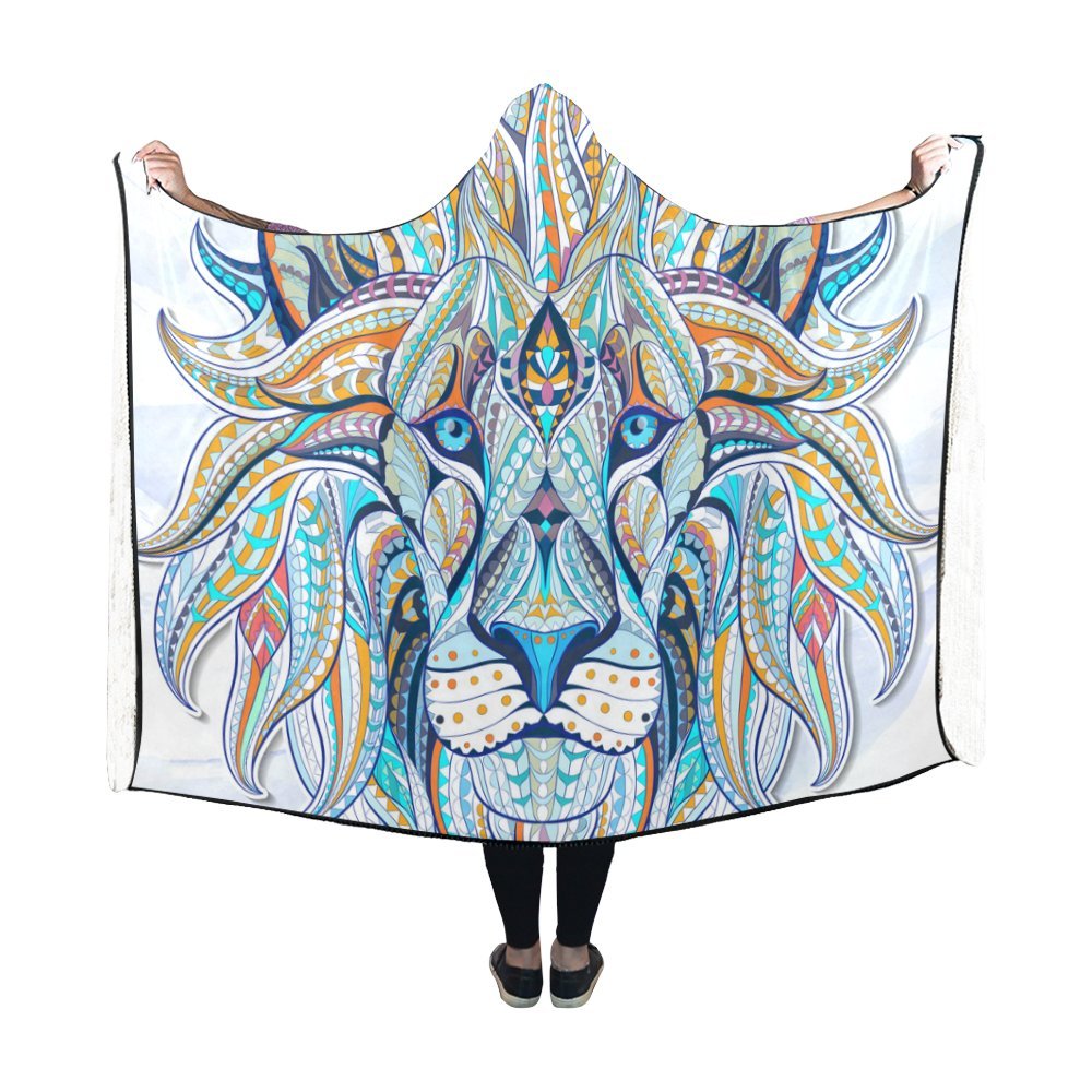 Lion Print Hooded Blanket Robe with Sleeves - 60x50 Inch Soft Fleece Wearable Blanket for Men, Women & Kids - Perfect for Lounging, Movie Nights & Outdoor Camping