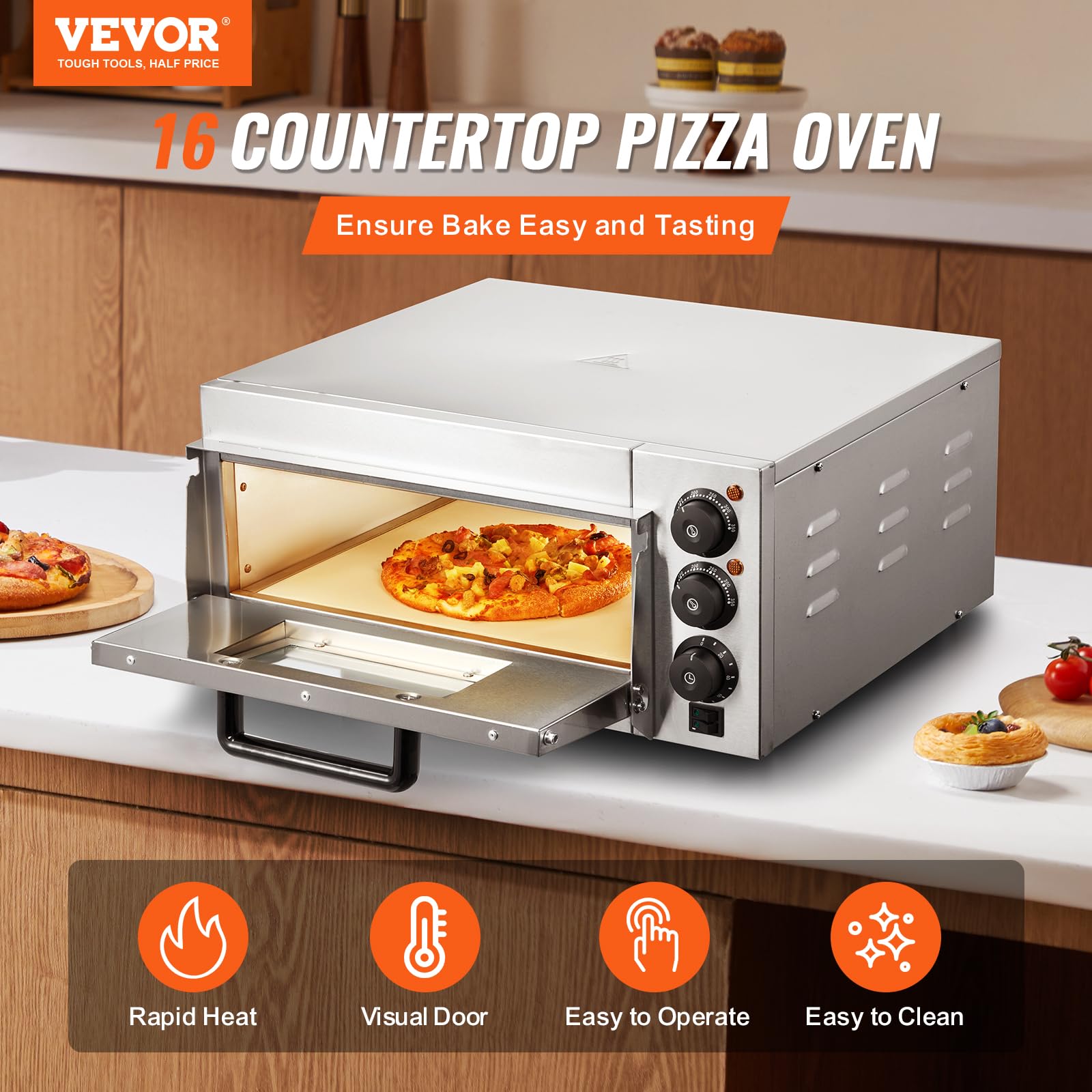 VEVOR 16-inch Electric Pizza Oven Countertop, 1700W Commercial Pizza Maker with Adjustable Temperature & Timer, 360° Uniform Baking for Restaurants, Pizzerias and Home Kitchens - Perfect for Parties, Catering & Family Pizza Nights (ETL Certified)