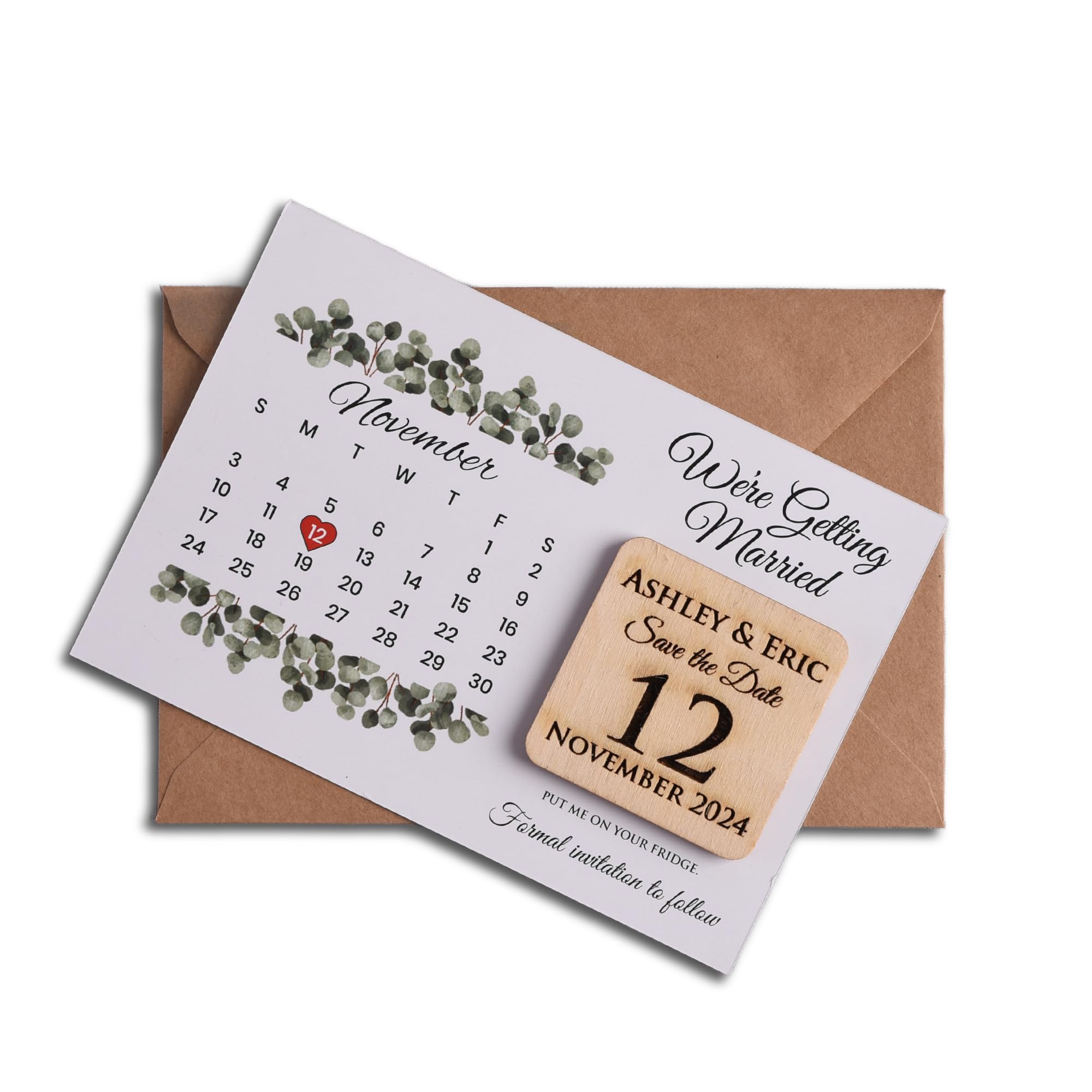 Customizable Save the Date Calendar Cards with Wooden Magnets | Personalized Wedding Favors Set | Includes Kraft Envelopes & Clear Labels | 5 Color Options | Perfect for Weddings, Anniversaries & Special Events