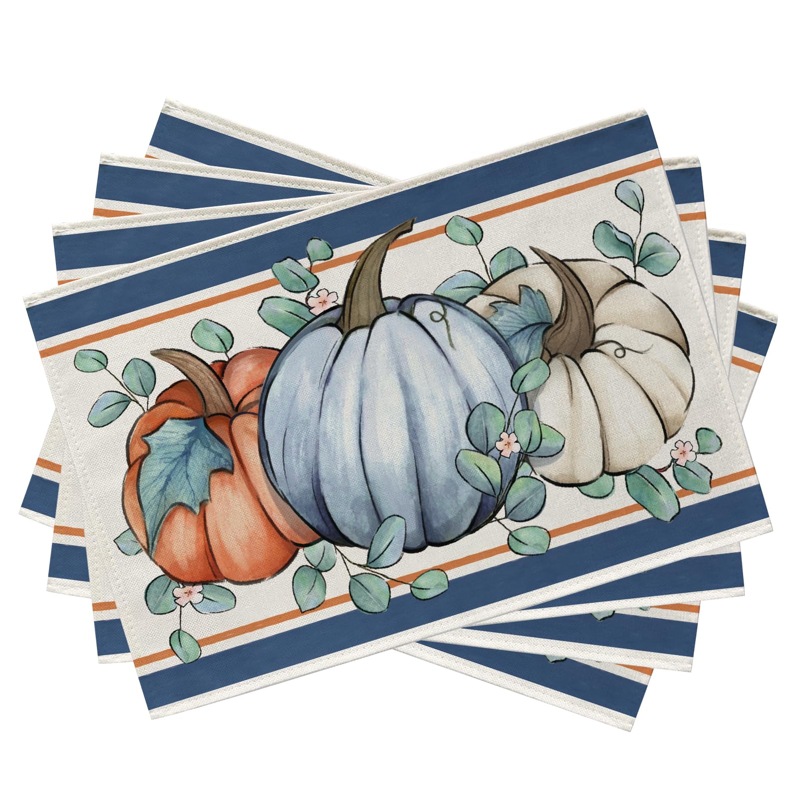 Seliem Fall Thanksgiving Blue White Pumpkin Placemats Set of 4 - Autumn Harvest Eucalyptus Leaves Dining Table Mats - Seasonal Kitchen & Home Decor (12x18 Inch) - Perfect for Thanksgiving Dinner, Fall Table Setting & Holiday Home Decoration