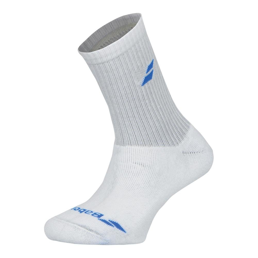 Babolat Tennis Crew Socks 3-Pack - White & Diva Blue - Size 9.5-11.5 - Moisture Wicking & Cushioned for Men & Women - Perfect for Tennis, Running & Sports Activities