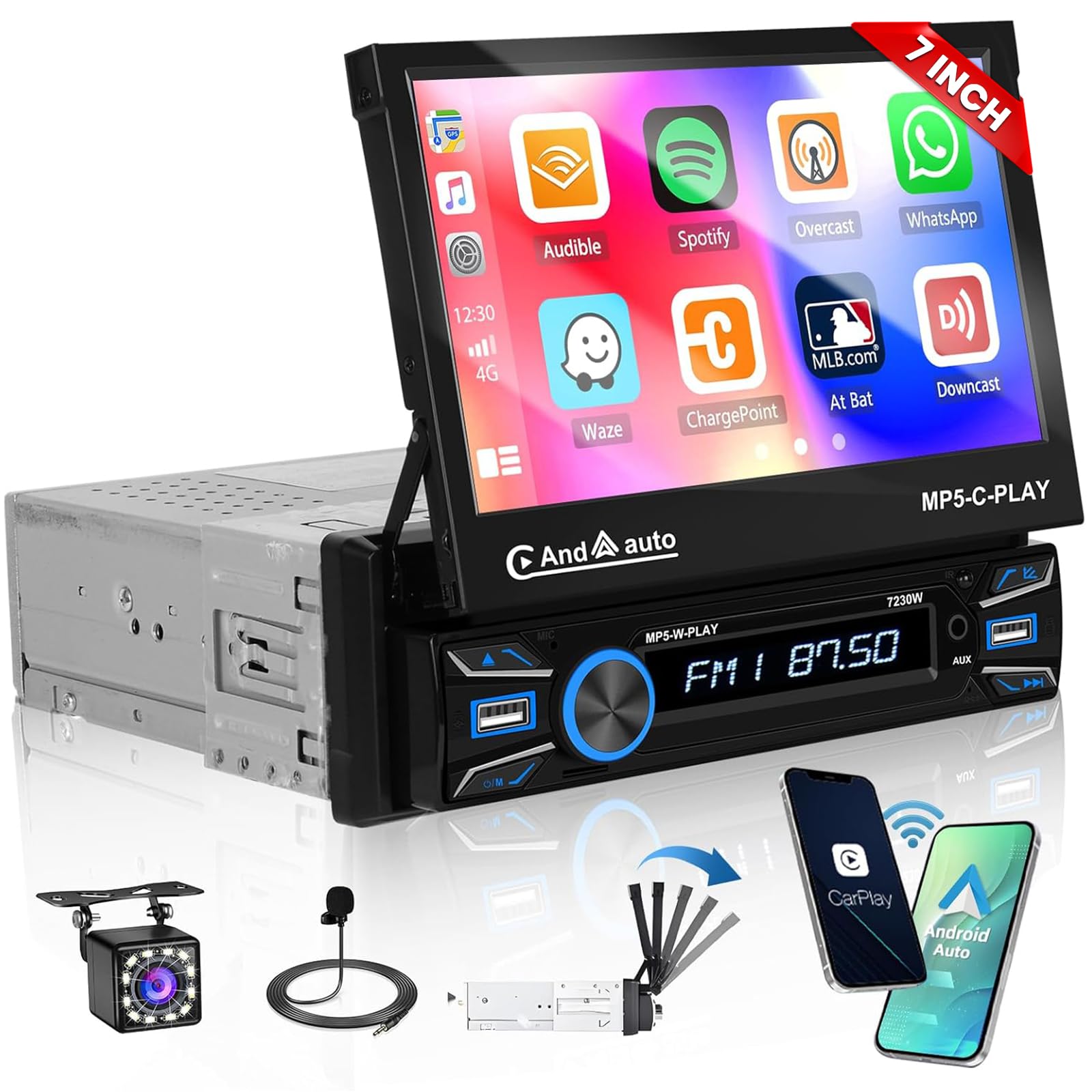 Hikity 1 Din Wireless CarPlay & Android Auto Car Stereo - 7