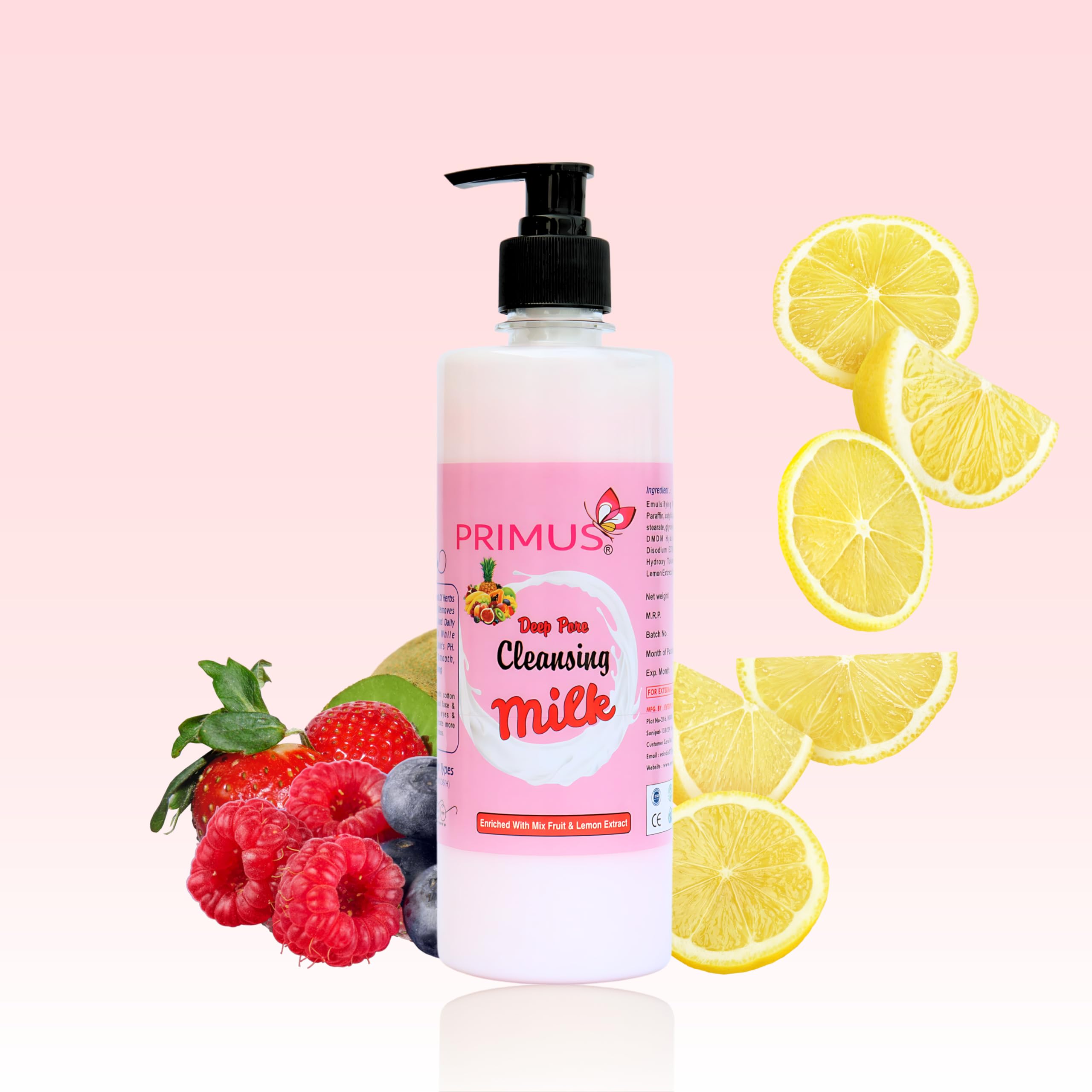 Primus Mix Fruit Cleansing Milk with Vitamin C & Lemon Extracts - Ultra Clean & Refreshing Facial Cleanser | 500ml Makeup Remover for All Skin Types | Perfect for Daily Skincare & Post-Makeup Cleansing Routine
