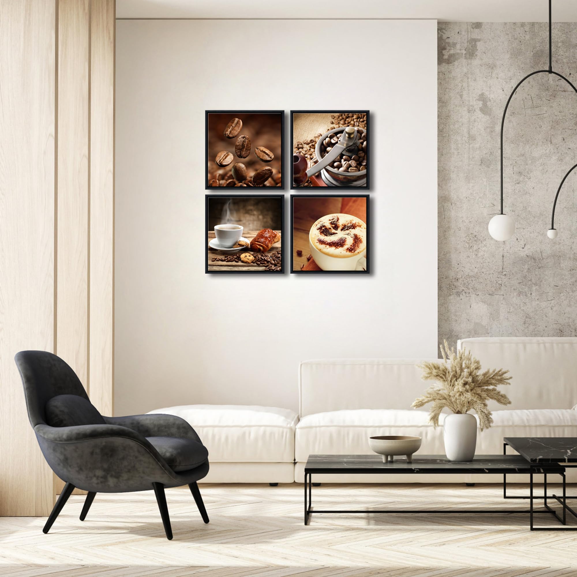 Wieco Art Black Framed 4-Panel Coffee Bean Canvas Wall Art - Modern Kitchen Decor for Living Room, Bedroom & Bathroom - Perfect for Home, Office & Cafe Wall Decoration