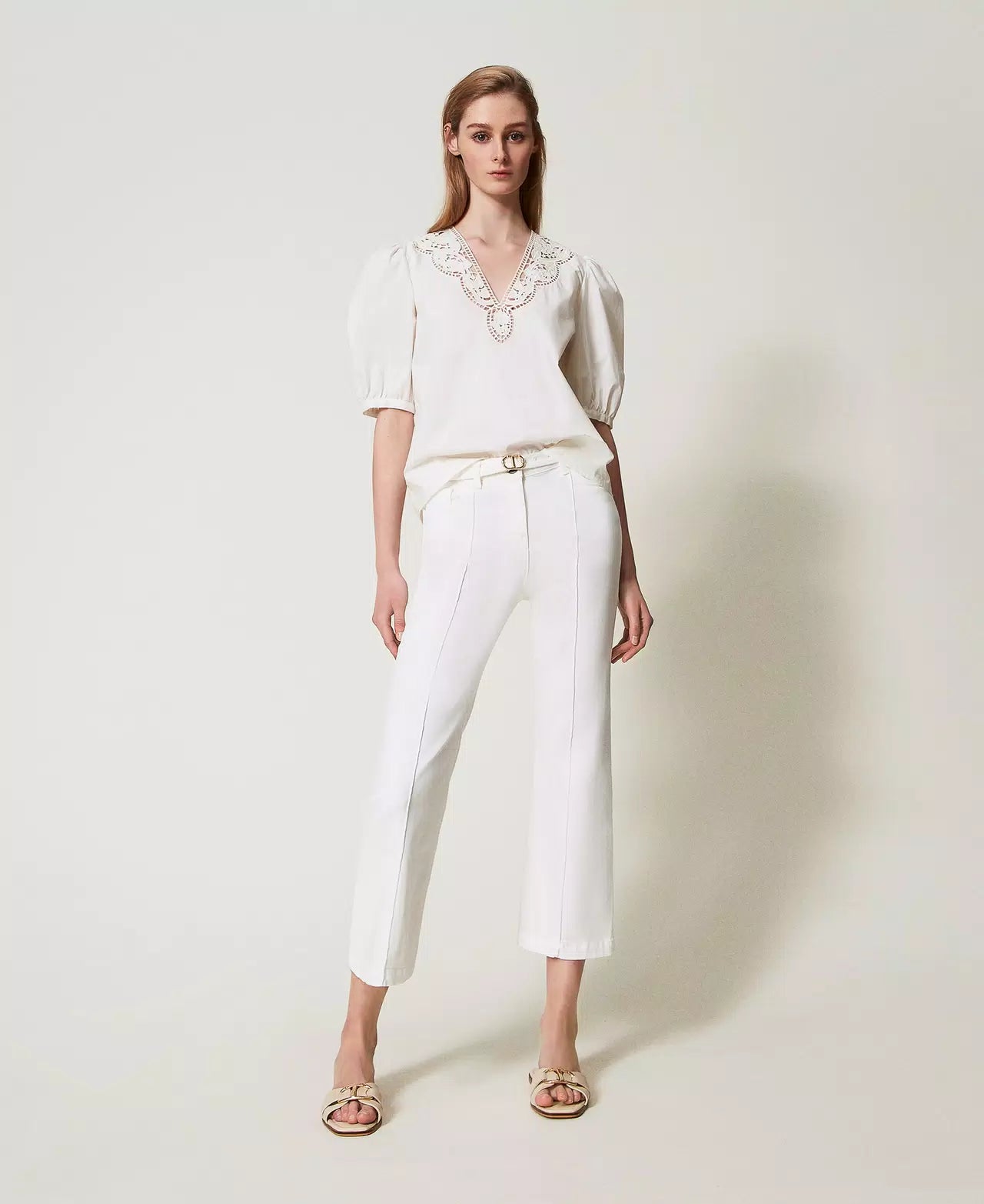 Bull Cropped Trousers - White Denim Women's High Waist Stretch Jeans for Casual Outfits & Summer Fashion