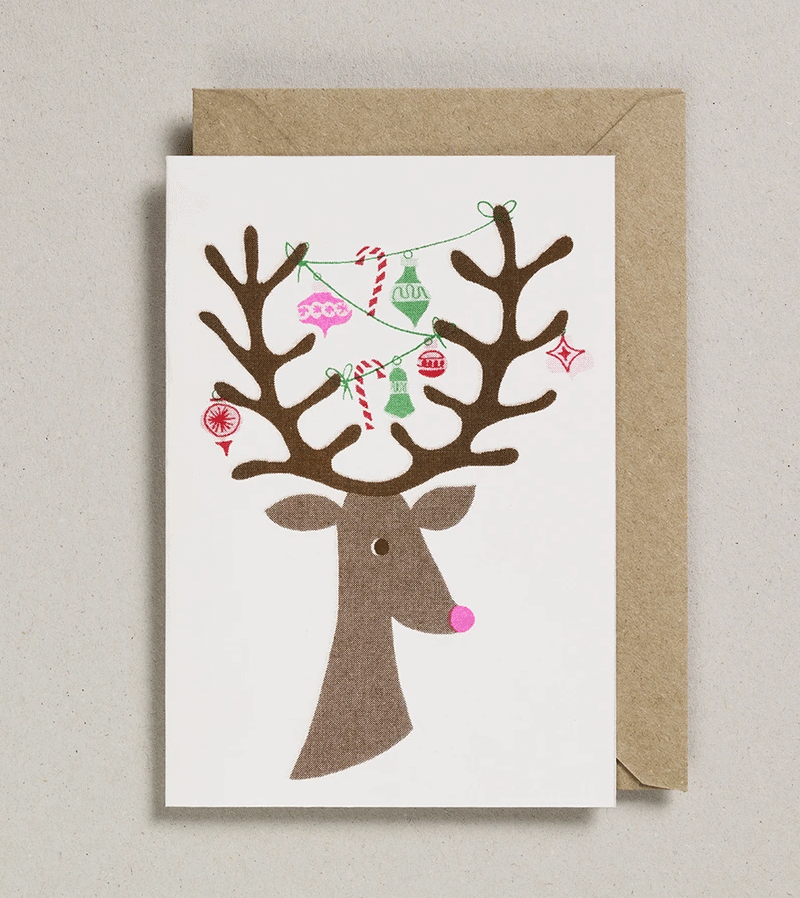 Reindeer Head Riso Christmas Card by Petra Boase - Festive Holiday Greeting Card for Christmas Parties, Office Decor & Gift Exchanges