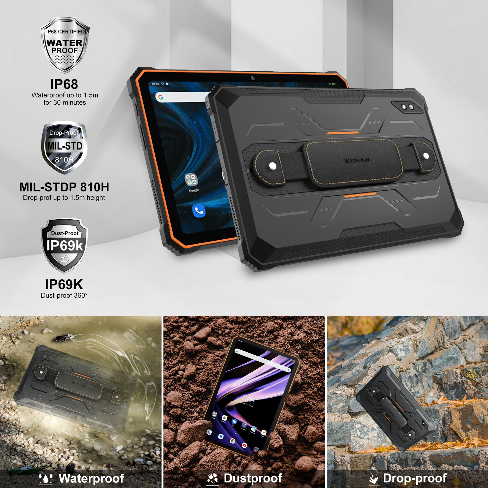 Blackview 2.4K 10.36 Inch Rugged Android Tablet - 22000mAh Battery, Octa-Core Processor, 24GB (8+16) RAM, 256GB ROM + 1TB Expandable, 48MP+16MP Camera, 4G LTE/5G WiFi, BT 5.0/OTG/GPS, Waterproof - Orange | Perfect for Outdoor Work, Construction Sites, and Harsh Environments