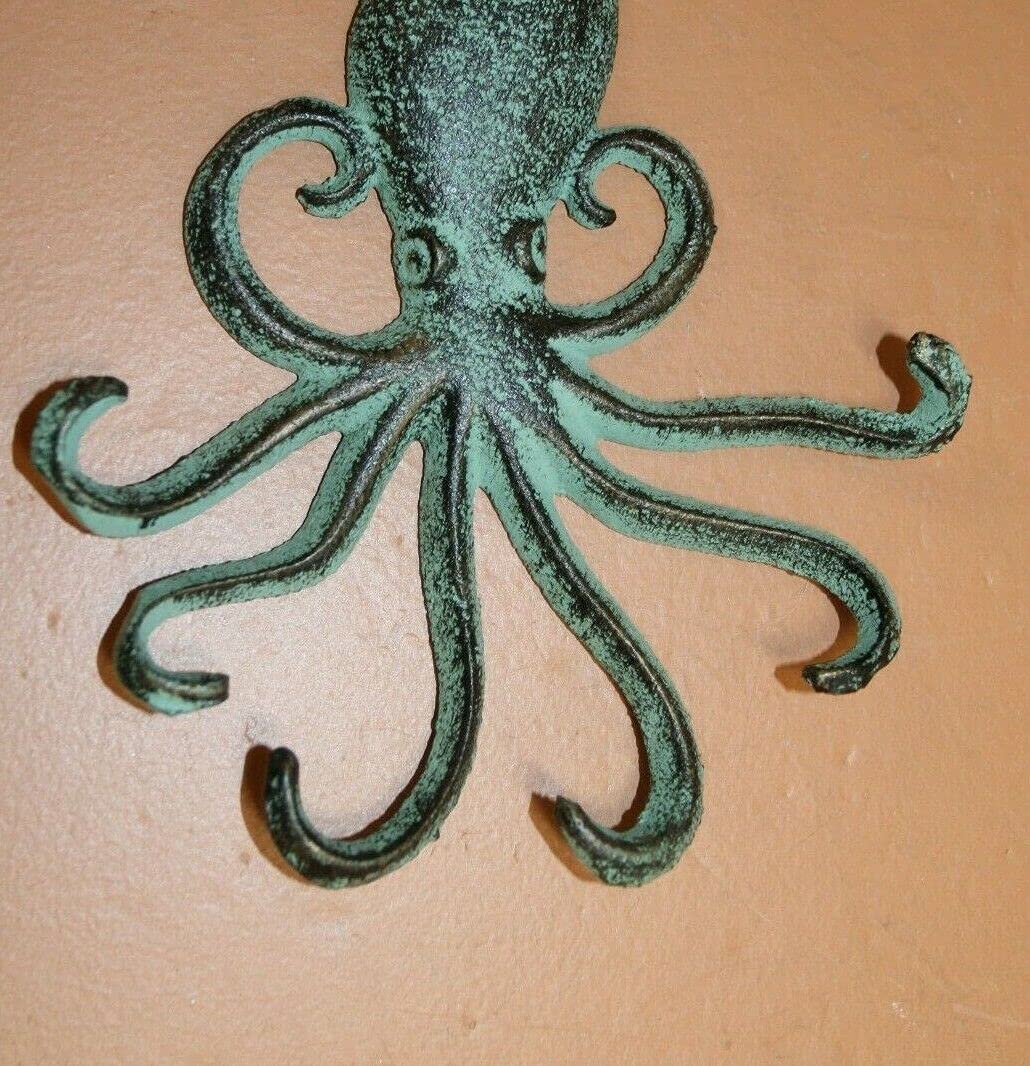 Cast Iron Sea Turtle Octopus Nautical Anchor Coat Hooks Set - Rustic Coastal Wall Decor for Entryway, Bathroom, or Beach House