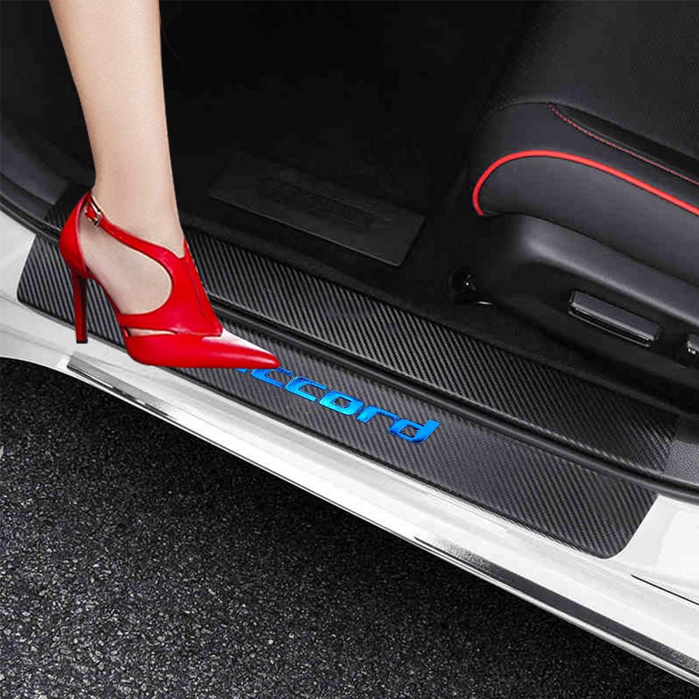 Carbon Fiber Leather Car Door Sill Guards for Honda Accord 2012-2024 - 4PCS Blue Scuff Plate Protector | Interior Auto Accessories | Perfect for Car Protection & Style Enhancement