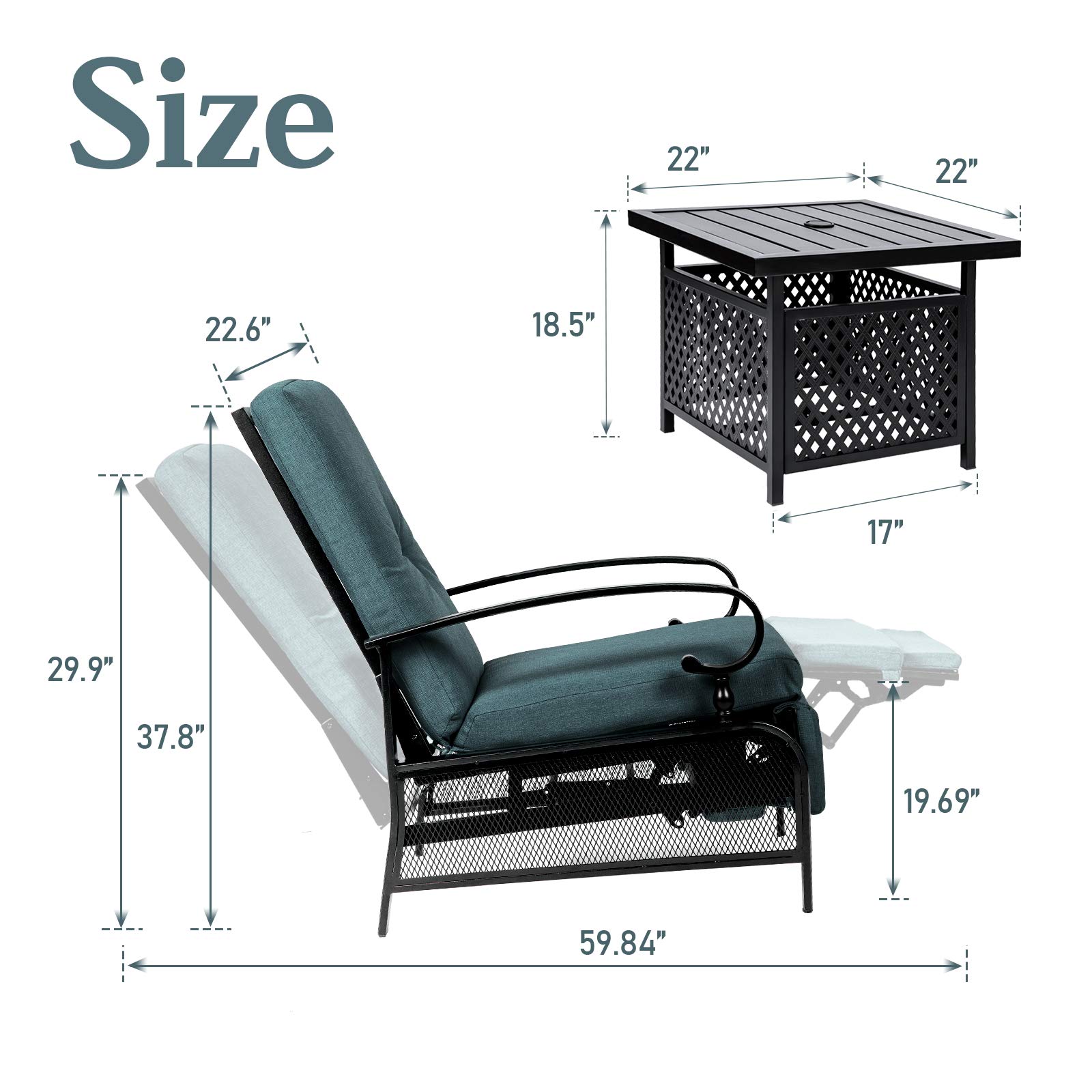 Oakcloud Adjustable Outdoor Lounge Chair Set - Metal Patio Recliner with Bistro Table & Removable Cushions (Peacock Blue) - Perfect for Poolside, Garden, Backyard Relaxation