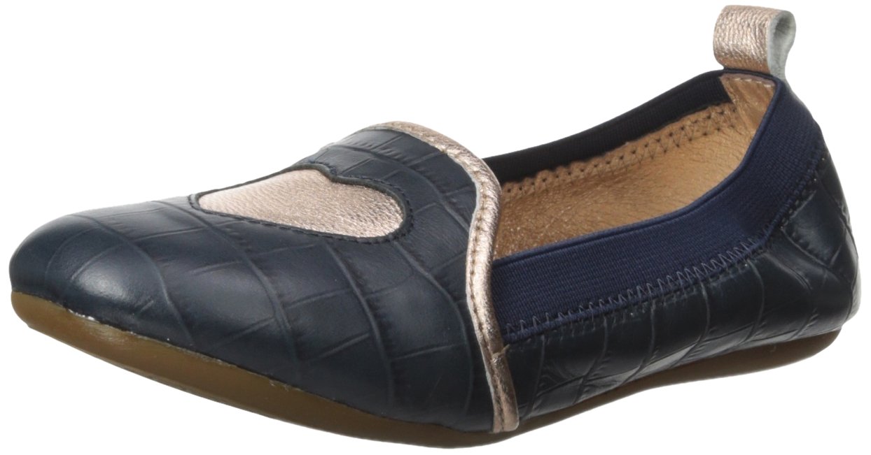 Yosi Samra Girls' Metallic Heart Loafers - Comfortable Slip-On Shoes for School, Party & Casual Wear (Midnight/Rose Gold)