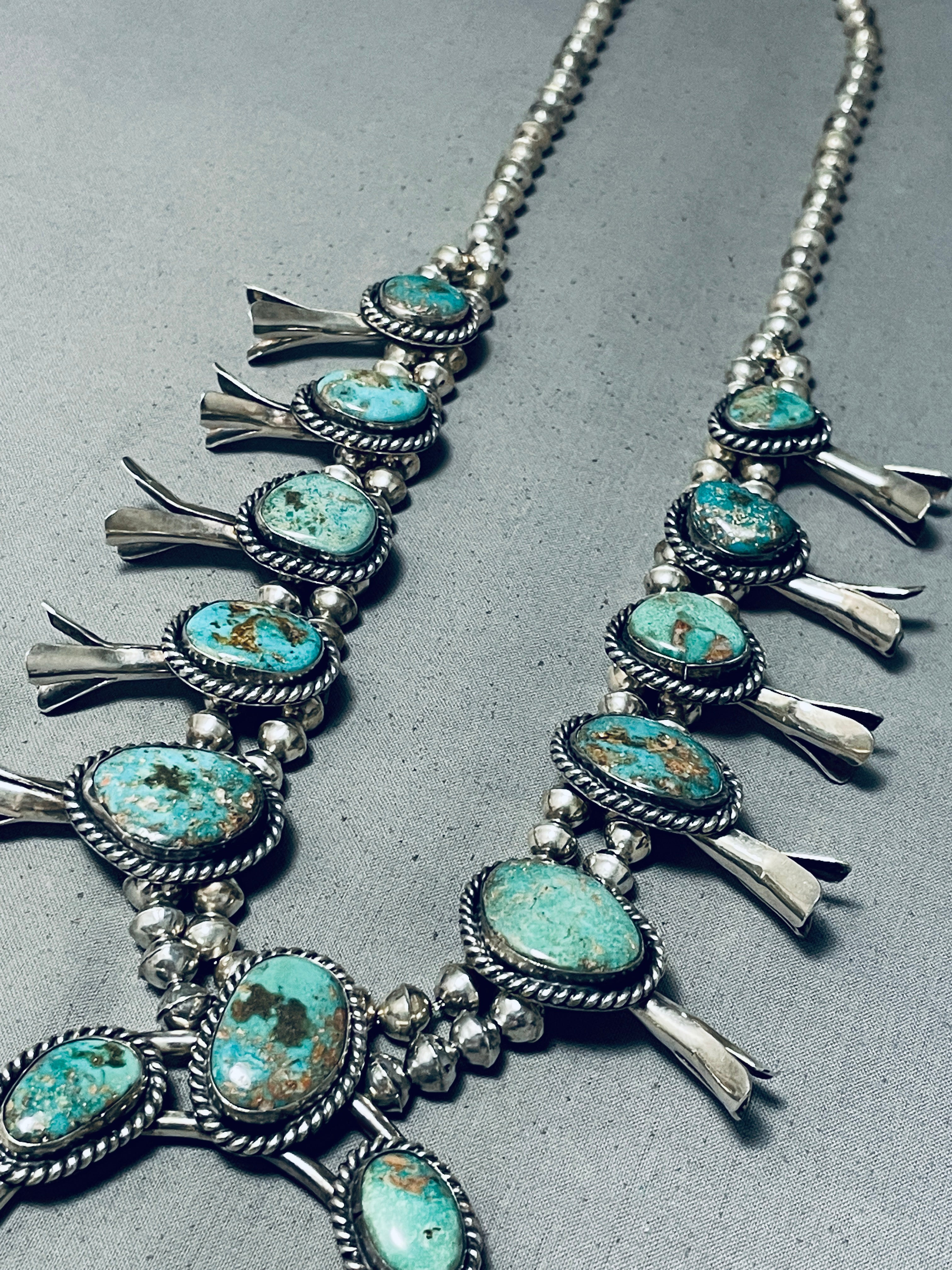 Vintage Navajo Turquoise Sterling Silver Squash Blossom Necklace - 243 Grams - Authentic Native American Jewelry for Women - Perfect for Boho Fashion, Weddings & Special Occasions