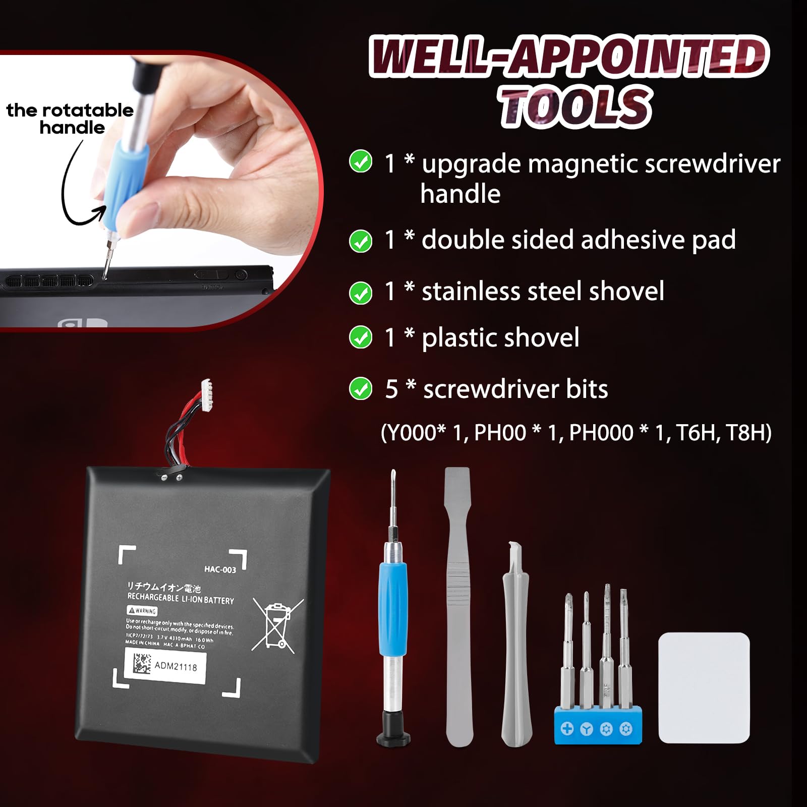 HAC-003 Replacement Battery for Nintendo Switch 2017 Console (HAC-001) - 4310mAh Extended Life Battery Pack with Repair Tools | Perfect for Gaming On-The-Go & Console Maintenance