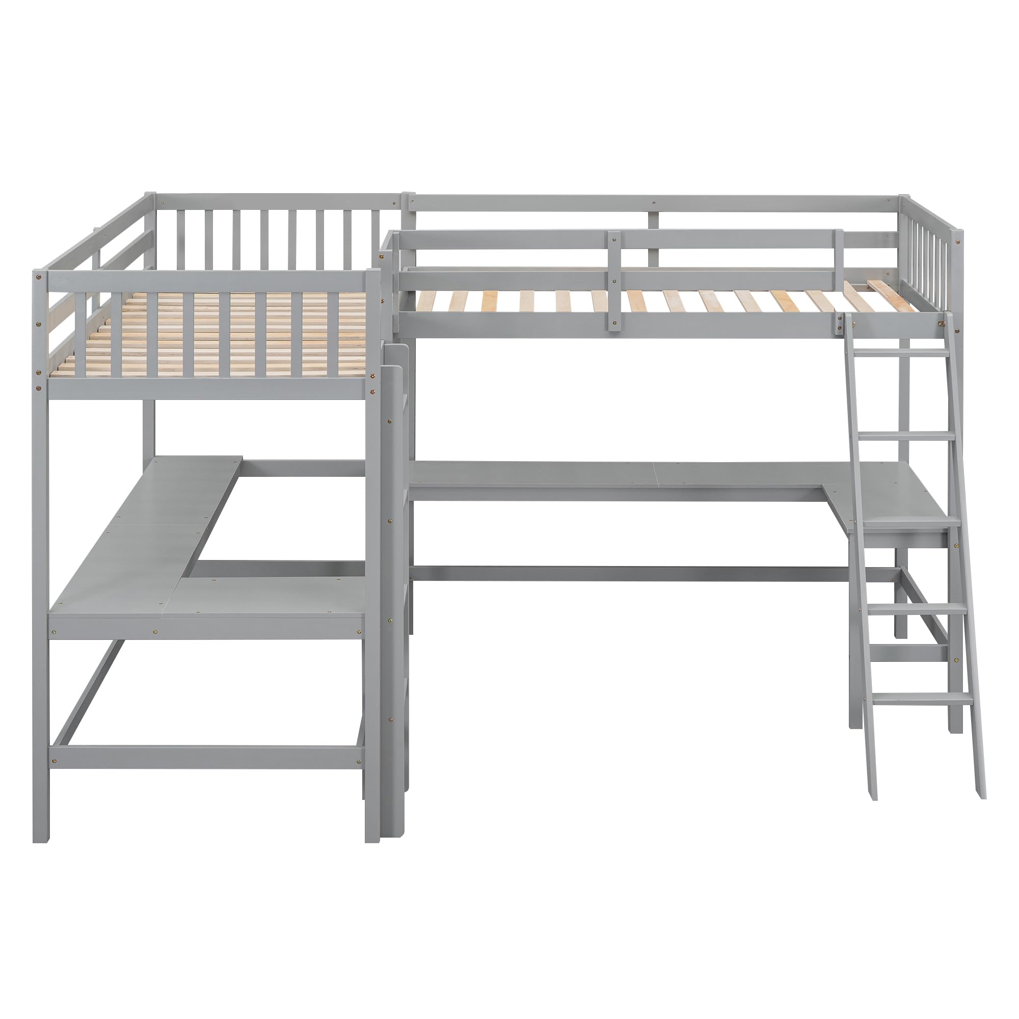 Merax Grey Wood Twin Size L-Shaped Loft Bed with Ladder & 2 Built-in Desks - Space Saving Study & Sleep Solution for Kids & Teens Small Bedrooms