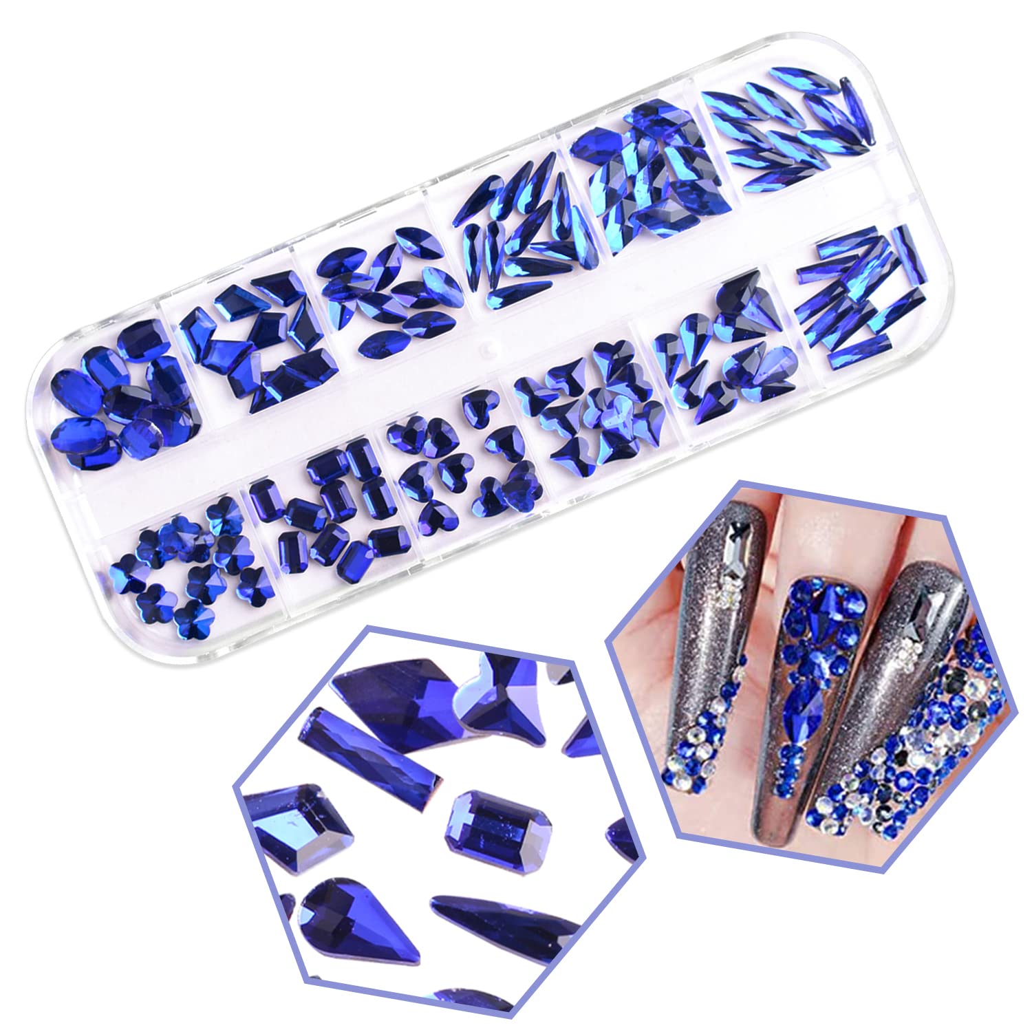 SILPECWEE 2 Pack Blue Flat Back Rhinestones for Nails - 3D Nail Art Gems, Glass Crystals & Diamond Decorations Kit with Picker Pencil - Perfect for DIY Manicure, Salon Nail Designs & Party Glam Looks