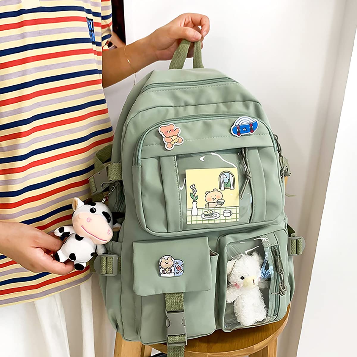 Cute Kawaii Aesthetic Backpack with Badge Pins & Keychain Pendant - Lightweight Travel Backpack for School, College, Work & Daily Commute