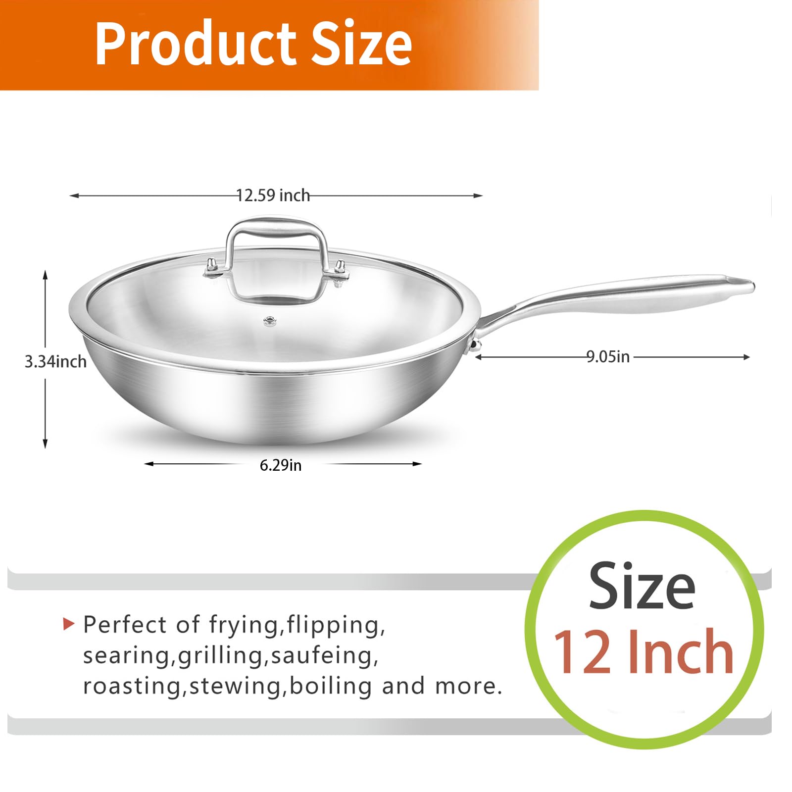 DELARLO 12.5 Inch Tri-Ply Stainless Steel Wok Pan - Induction Compatible Flat Bottom Stir Fry Pan with Glass Lid - Wide & Deep Cooking Surface for Gas, Electric & Glass Top Stoves (Up to 600°F) - Perfect for Asian Stir Fry, Sautéing, Deep Frying & Family Meals