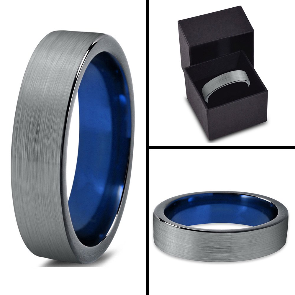 Premium Tungsten Carbide Wedding Band Ring for Men & Women - 4mm Width, Blue/Black/Grey Interior, Flat Cut, Brushed & Polished Finish - Custom Engraving for Anniversary & Engagement - Perfect for Everyday Wear & Special Occasions