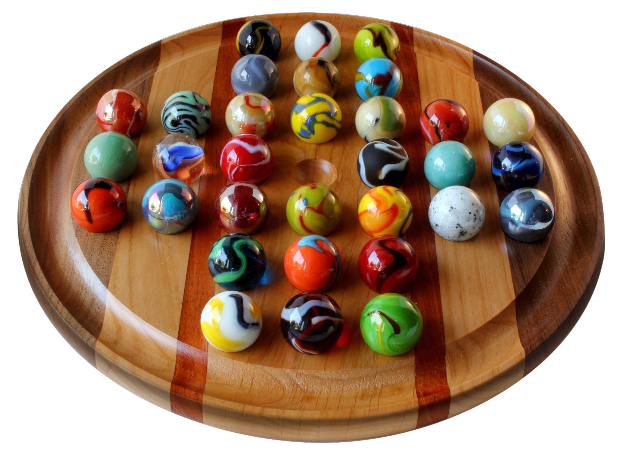 Handmade Marble Solitaire Board Game with Glass Marbles - 16 Inch Classic Wooden Board with Subtle Stripes Pattern | Perfect for Family Game Nights, Gifts & Home Decor