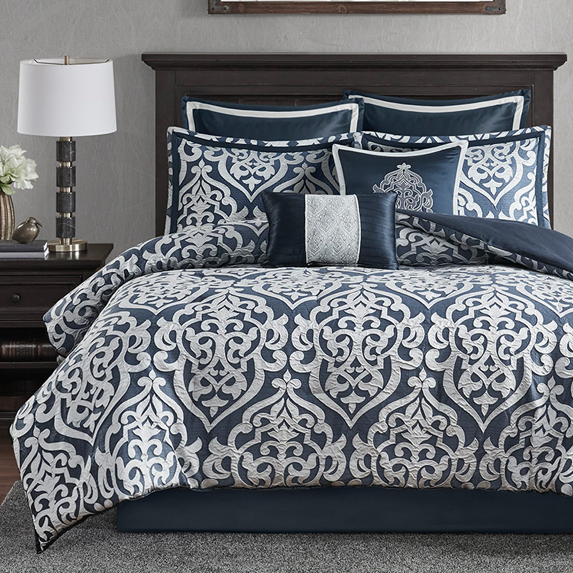 Madison Park Odette Jacquard Damask Comforter Set - Modern All Season Down Alternative Bedding with Shams & Decorative Pillows, Cal King (104