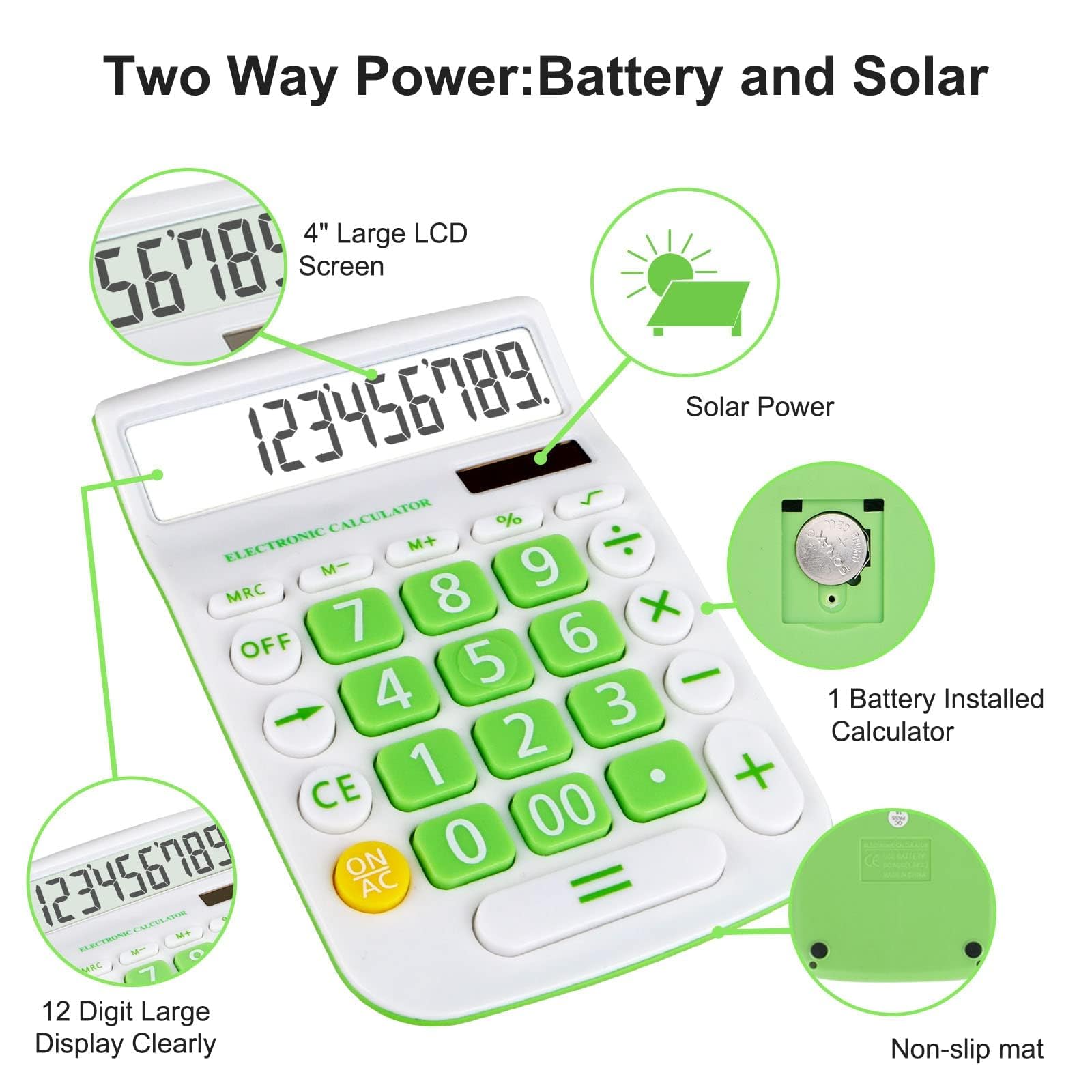 12-Digit Solar & Battery Powered Desktop Calculator with Large Display & Big Buttons - Dual Power Office Calculator for Accounting, Bookkeeping & School Math (Green) - Perfect for Home Office, Classroom & Business Use