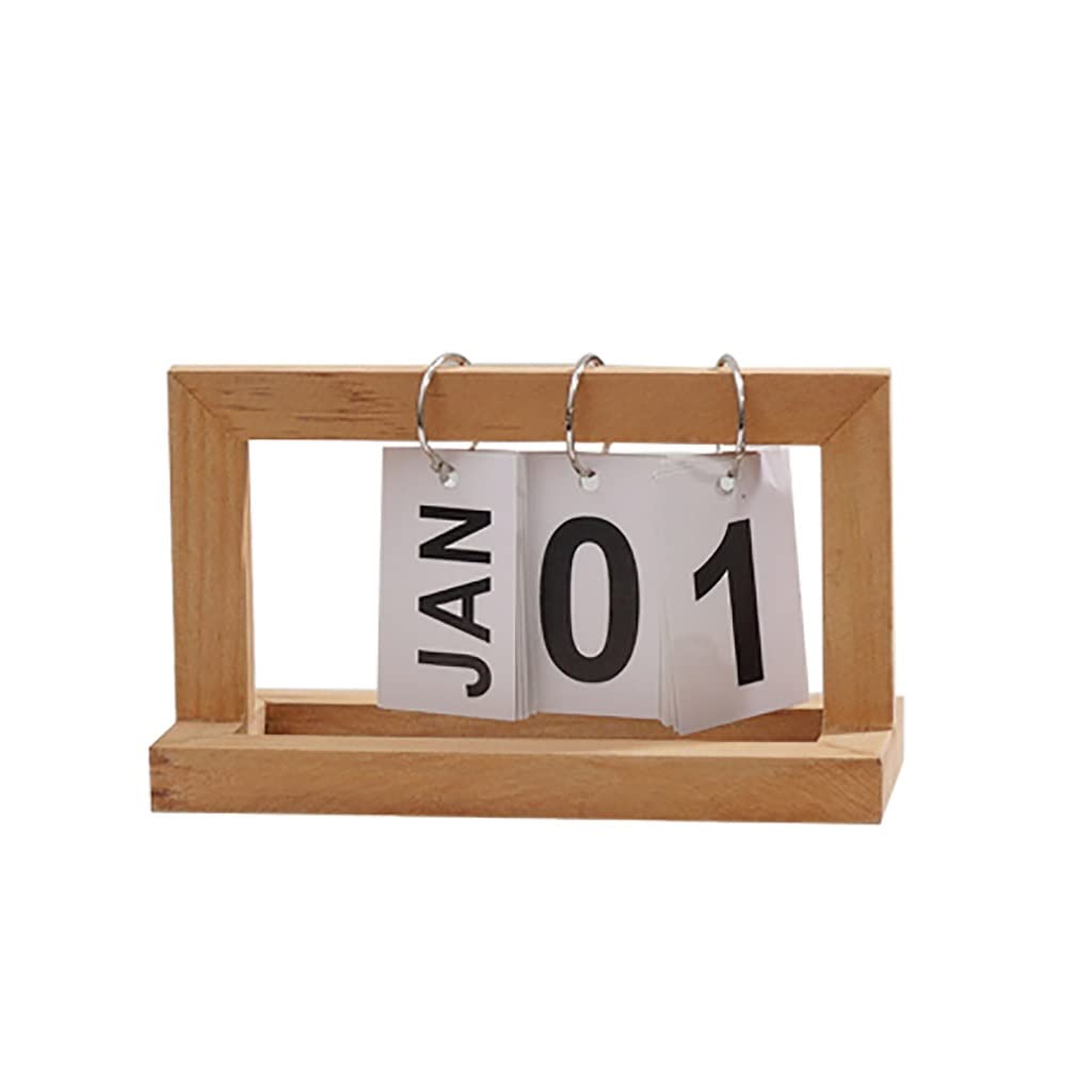 Vintage Retro Style Wooden Perpetual Flip Desk Calendar - Standing Reusable Office Decor & Creative Flip Chart - Natural Wood Color - Perfect for Home Office, Desk Organization & Gift Giving
