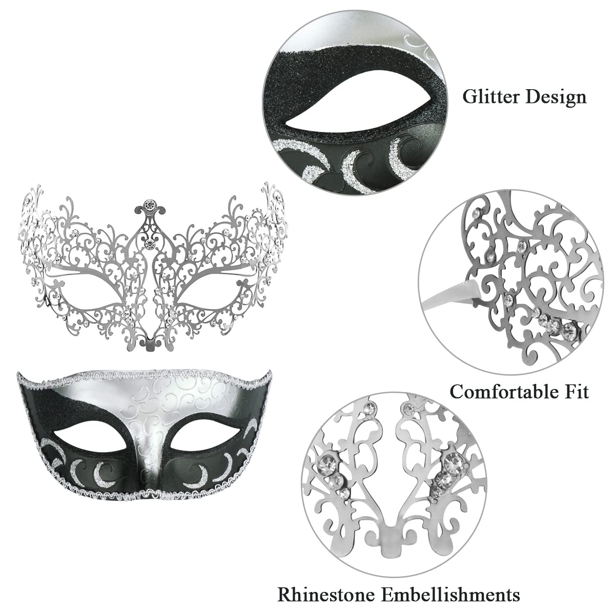 Elegant Venetian Masquerade Mask Couple Set - Metal Party Masks for Halloween, Mardi Gras, Costume Balls & Themed Events - Perfect for Couples, Balls, and Venetian Carnival Celebrations