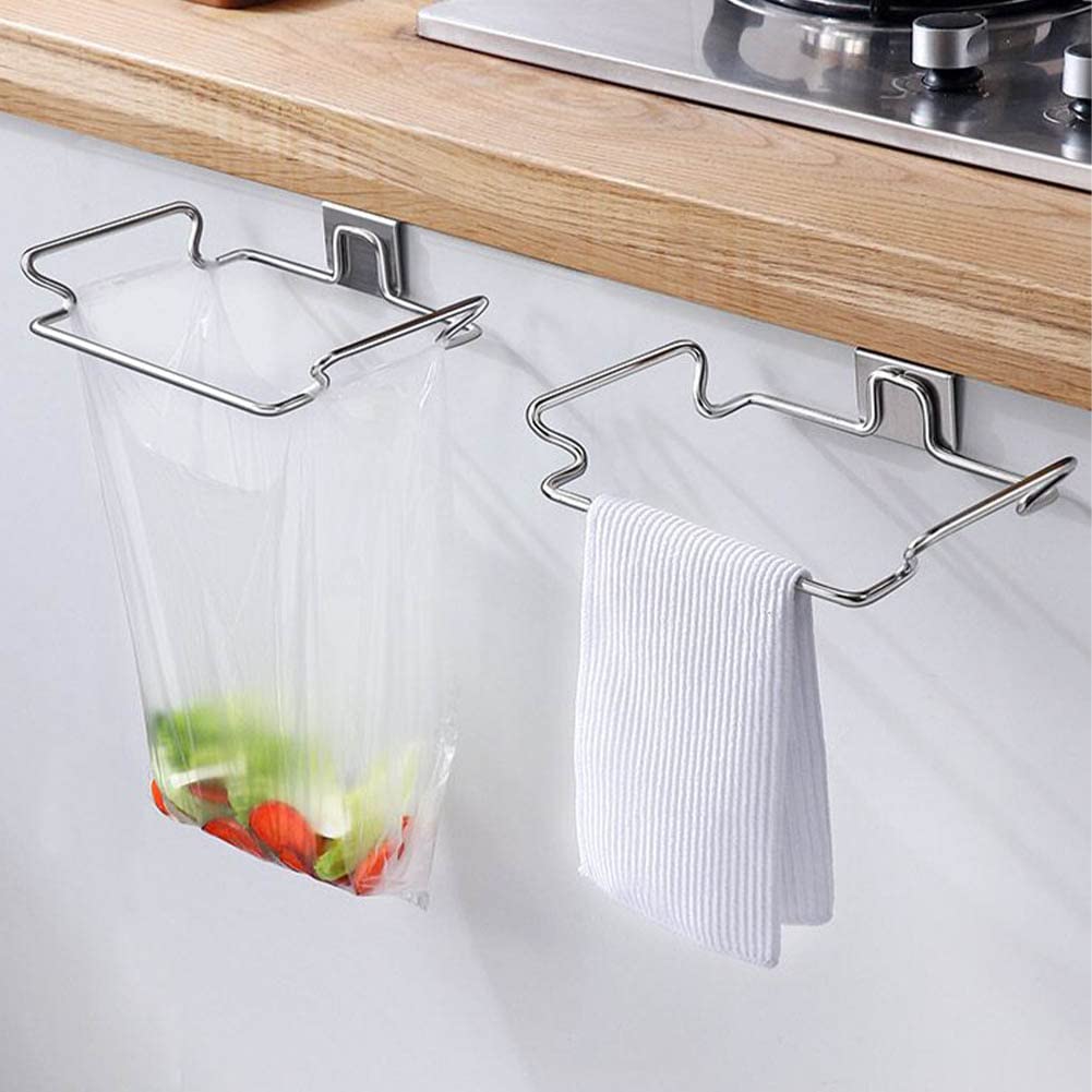 2 Pack Stainless Steel Trash Bag Holder - Heavy Duty Garbage Bag Storage Rack Organizer for Kitchen Cabinets, Doors & Cupboards | Space Saving Hanging Solution for Towels, Gloves & Household Items (Perfect for Small Kitchens, RVs & Apartments)