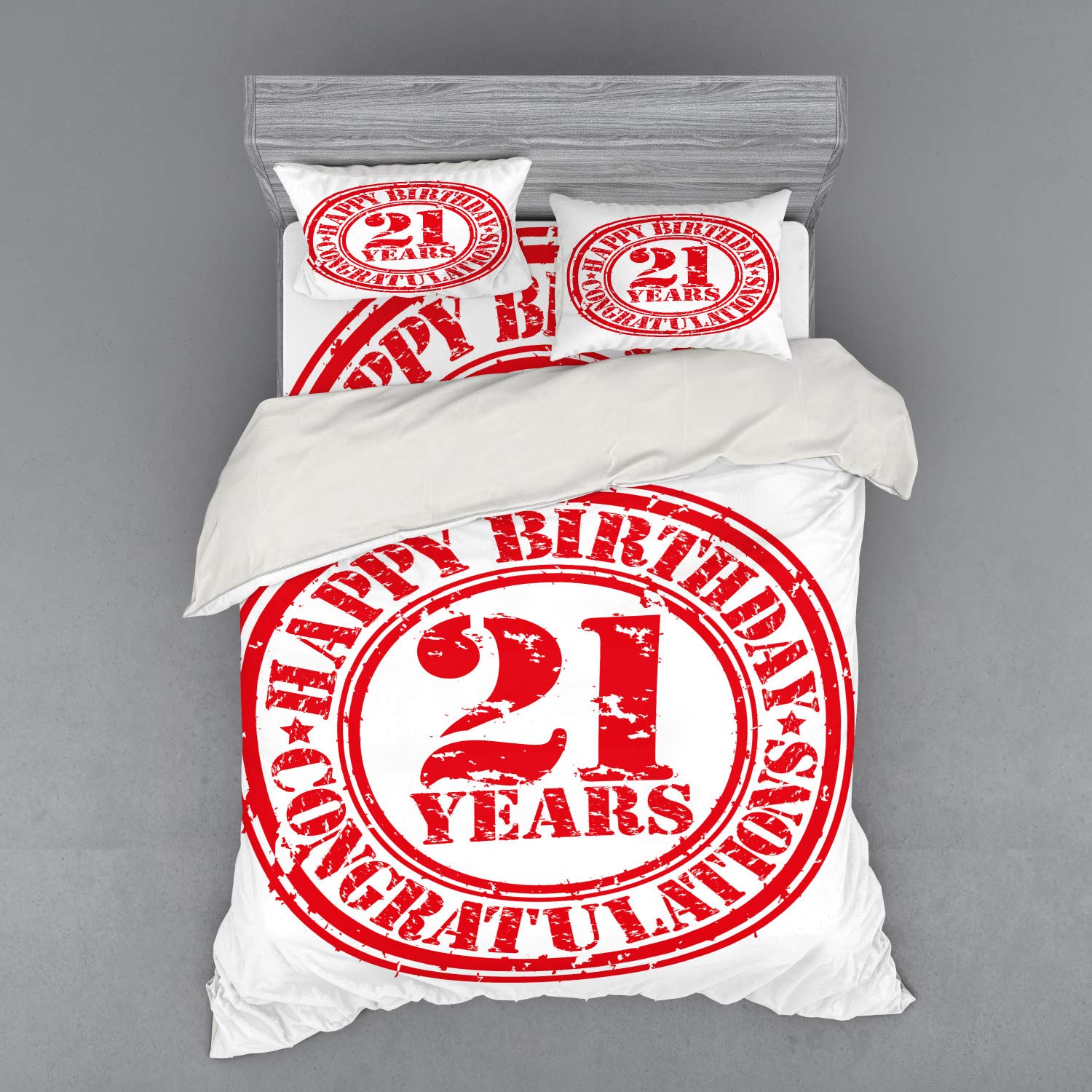 Ambesonne 21st Birthday Duvet Cover Set - Vintage Style Happy Birthday Party Print 4-Piece Bedding Set with Shams & Fitted Sheet, Queen Size Red & White - Perfect for College Dorms, Birthday Gifts & Themed Bedrooms