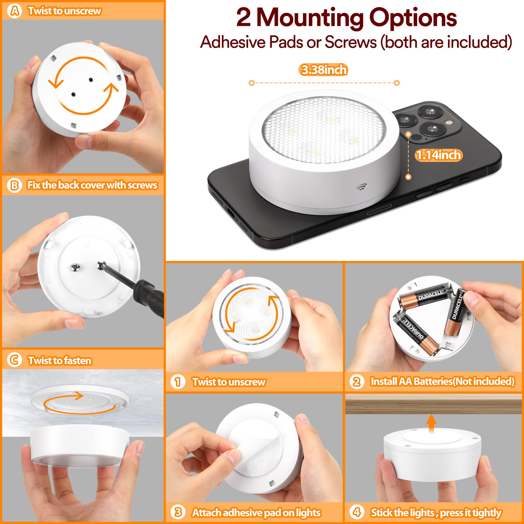 Wireless LED Puck Lights with Remote Control - Battery Operated Under Cabinet Lighting, Stick-On Push Lights, Color Changing for Kitchen, Shelf, Closet (2 Pack, White) - Perfect for Nighttime Kitchen Tasks, Pantry Organization & Bedroom Ambience