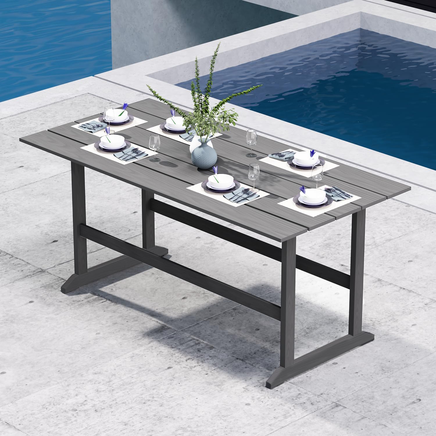 MOLACHI Outdoor Patio Dining Table - 1PC Rectangle HDPE Weather-Resistant Table with Umbrella Hole, Grey - Perfect for Backyard, Garden, Poolside & BBQ Gatherings
