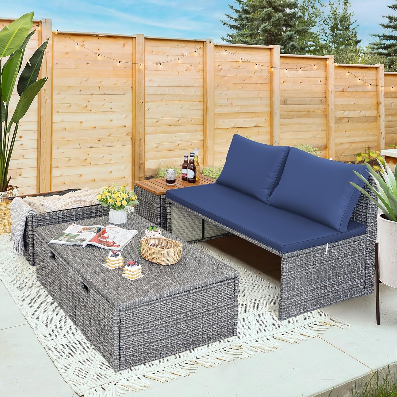 Devoko Outdoor Patio Daybed Set - Multifunctional Rattan Lounge Bed with 2 Side Tables, Navy Blue - Perfect for Backyard, Porch, Poolside, Lawn & Beach Relaxation