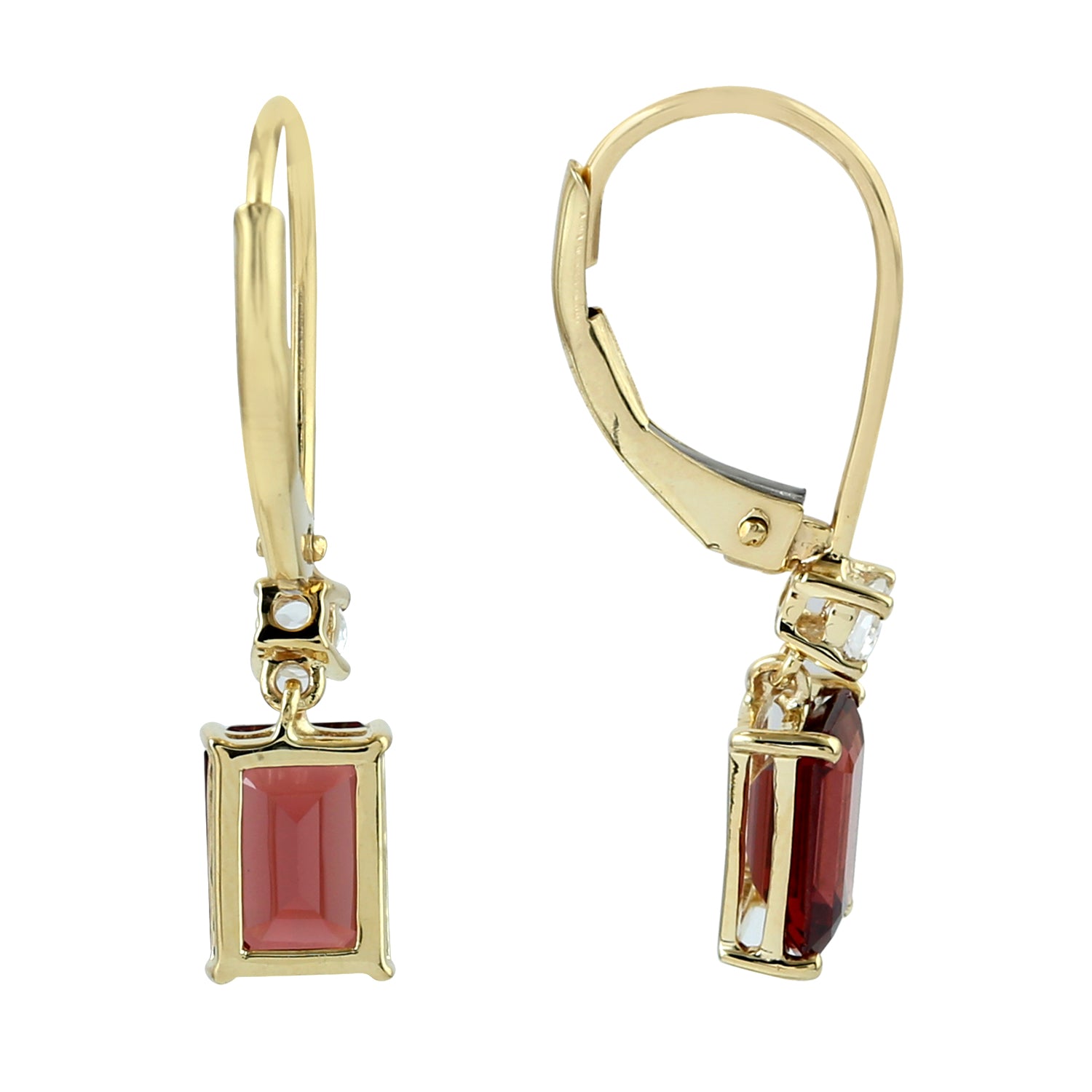 10K Yellow Gold Baguette Cut Garnet & White Topaz Lever Back Earrings | Elegant Dangle Earrings for Women, Perfect for Weddings, Parties & Evening Events