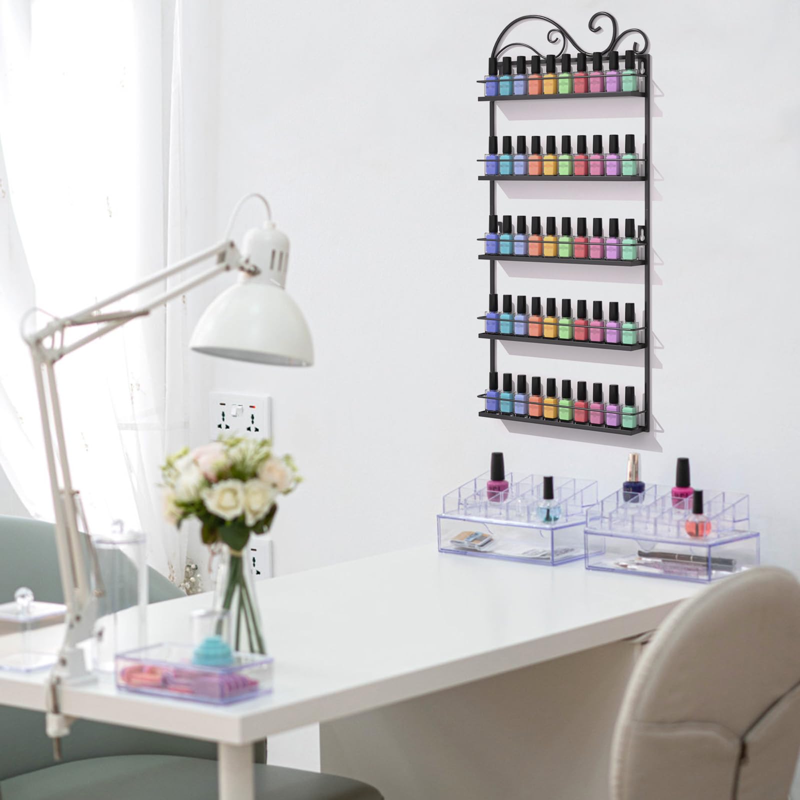 ERYTLLY Wall Mounted Nail Polish Organizer Rack - Rectangle Nail Polish Storage Holder Stand for Salon & Home Use, Space-Saving Nail Art Display Shelf (Black) - Perfect for Salon Organization, Home Decor & DIY Manicure Stations