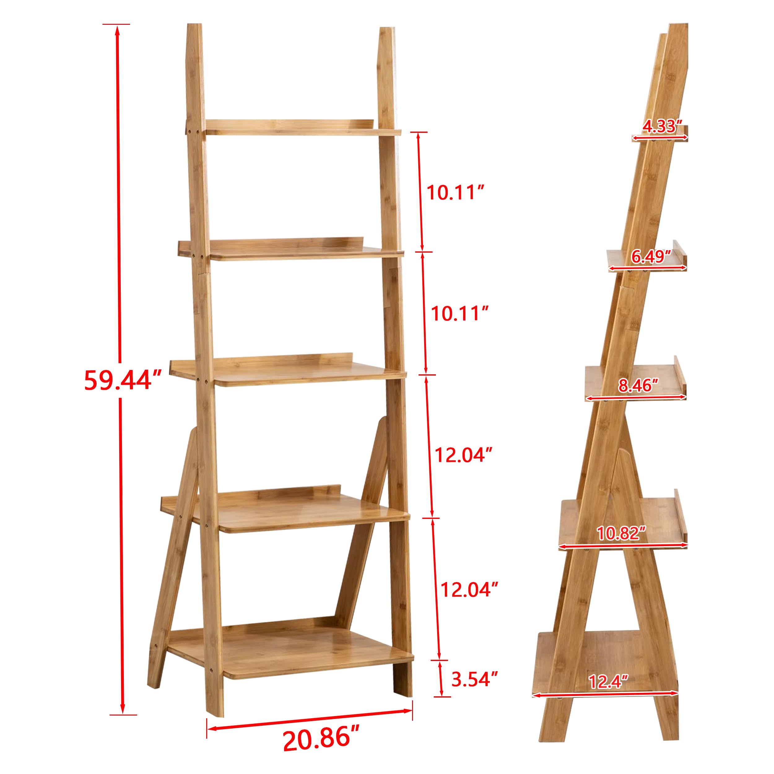 DOUSY 5-Tier Bamboo Ladder Shelf - Freestanding Bookcase, Plant Stand & Storage Organizer for Living Room, Home Office, Bedroom - Natural Wood Display Shelf for Books, Decor & Indoor Plants