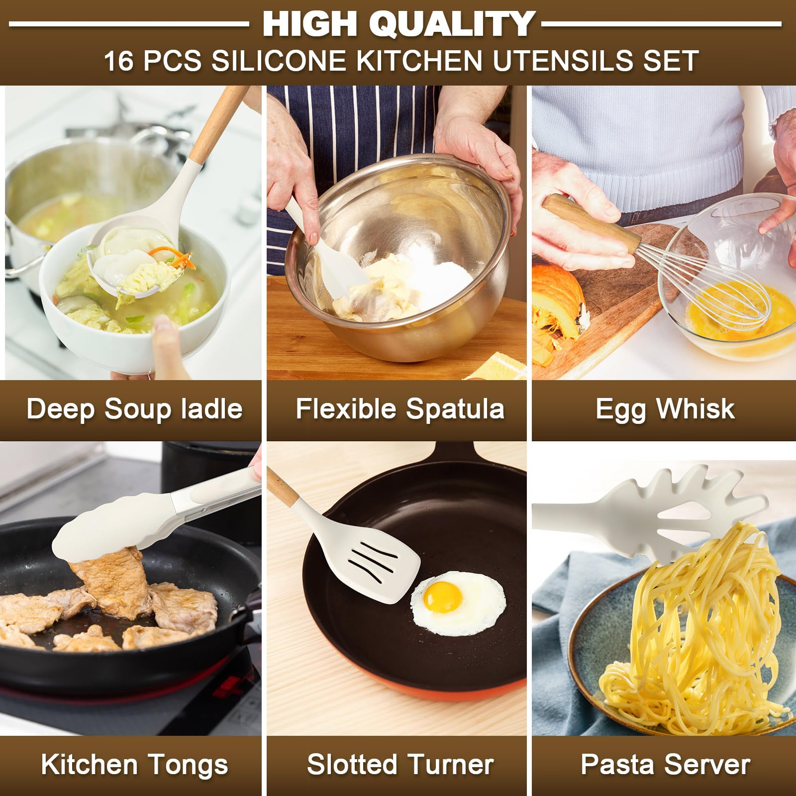 16-Piece Silicone Cooking Utensils Set with Wooden Handle & Holder - Heat Resistant Kitchen Tools for Nonstick Cookware - Perfect for Baking, Frying, and Everyday Cooking