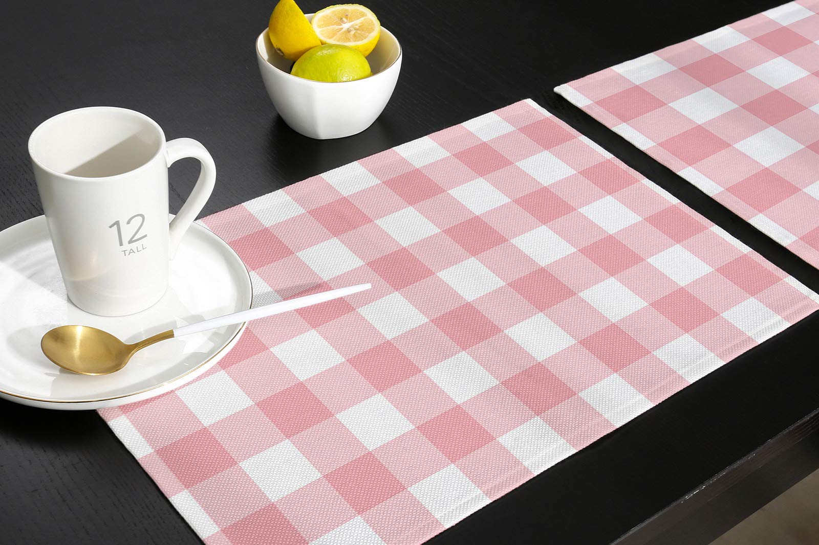 6-Pack Pink and White Buffalo Plaid Placemats - Heat Resistant, Stain Proof & Non-Slip Kitchen Table Mats - Washable Polyester Dining Placemats for Holiday Dinners, Family Gatherings & Everyday Use