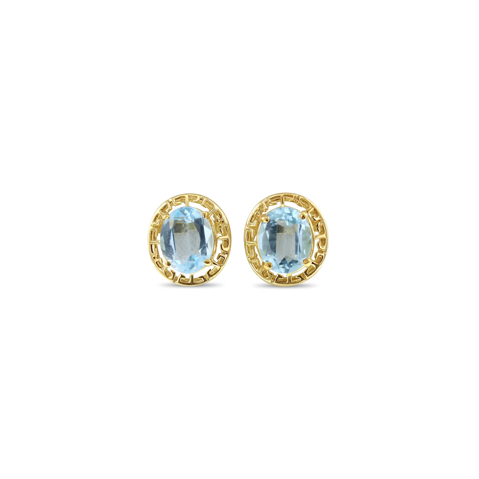 14K Yellow Gold Oval Blue Topaz Earrings with Greek Bezel Frame - Elegant Dangle Earrings for Women, Perfect for Weddings, Parties & Special Occasions