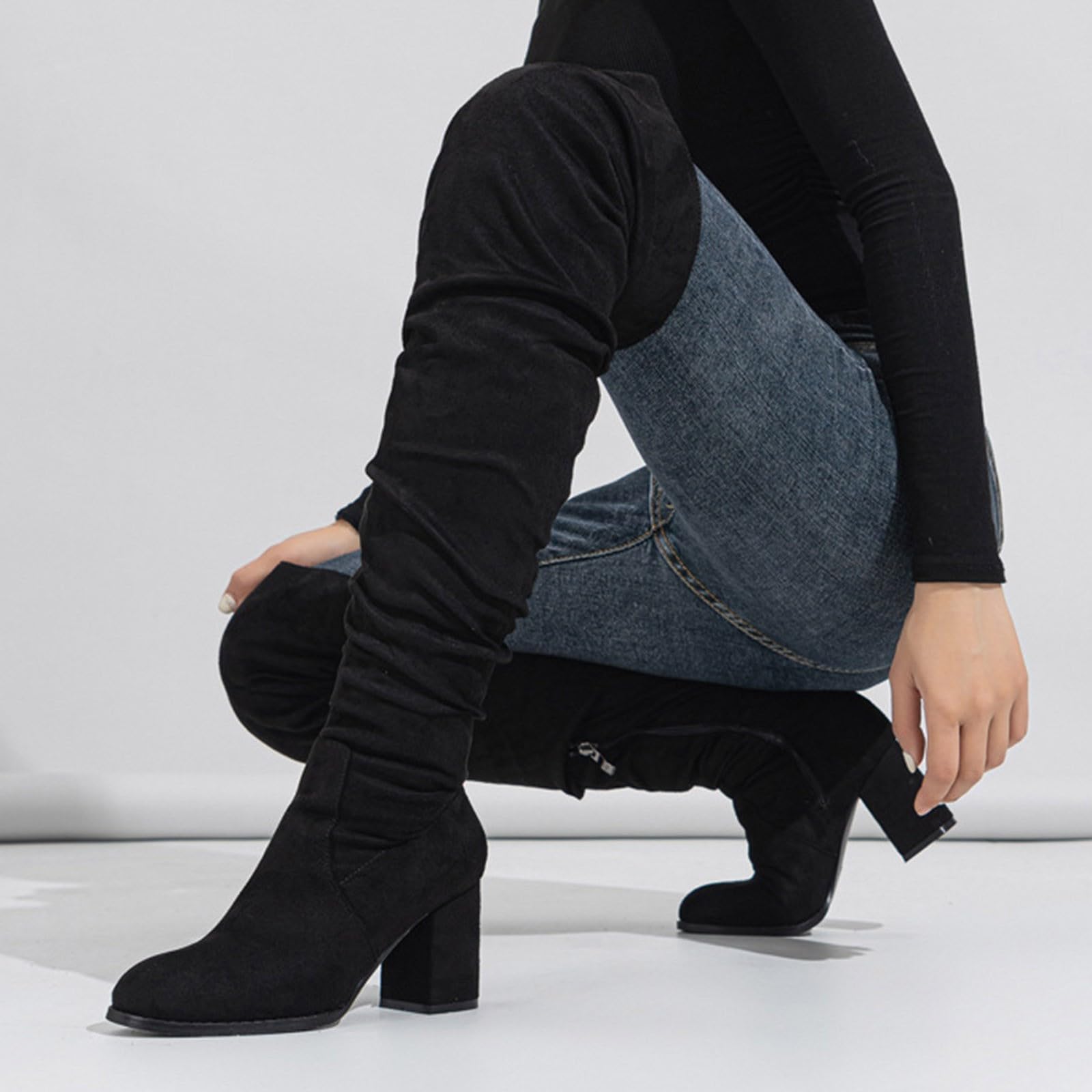 Women's Black Platform Knee High Boots - Thick Heel Over Knee Pleated Suede Long Boots & White Ankle Trainers (UK Size 5) | Fashionable Footwear for Parties, Night Out and Winter Style