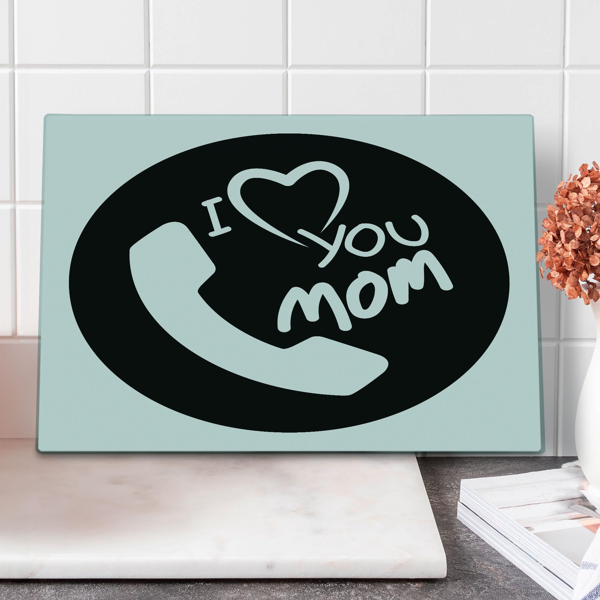 Ambesonne Call Mom Tempered Glass Cutting Board - Large Decorative Serving Board with 'I Love You Mom' Calligraphy Design, Family Values Theme & Phone Silhouette - Black & White - Perfect for Mother's Day Gifts, Kitchen Decor & Cheese Charcuterie Boards
