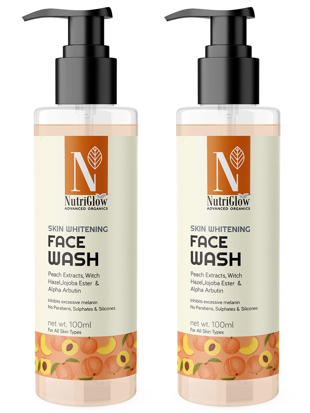 NutriGlow Advanced Organics Face Wash with Peach Extracts & Witch Hazel - 100ml (Pack of 2) | Gentle Cleansing for Acne-Prone & Sensitive Skin | Perfect for Morning & Night Skincare Routine