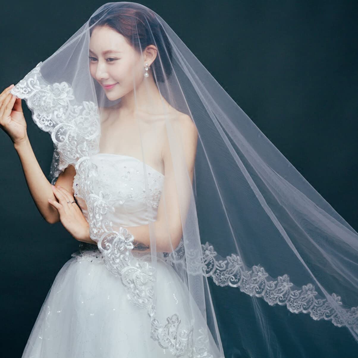 Elegant One Tier Lace Wedding Veil - Long White Bridal Veil for Bride | Perfect for Church, Beach & Outdoor Weddings