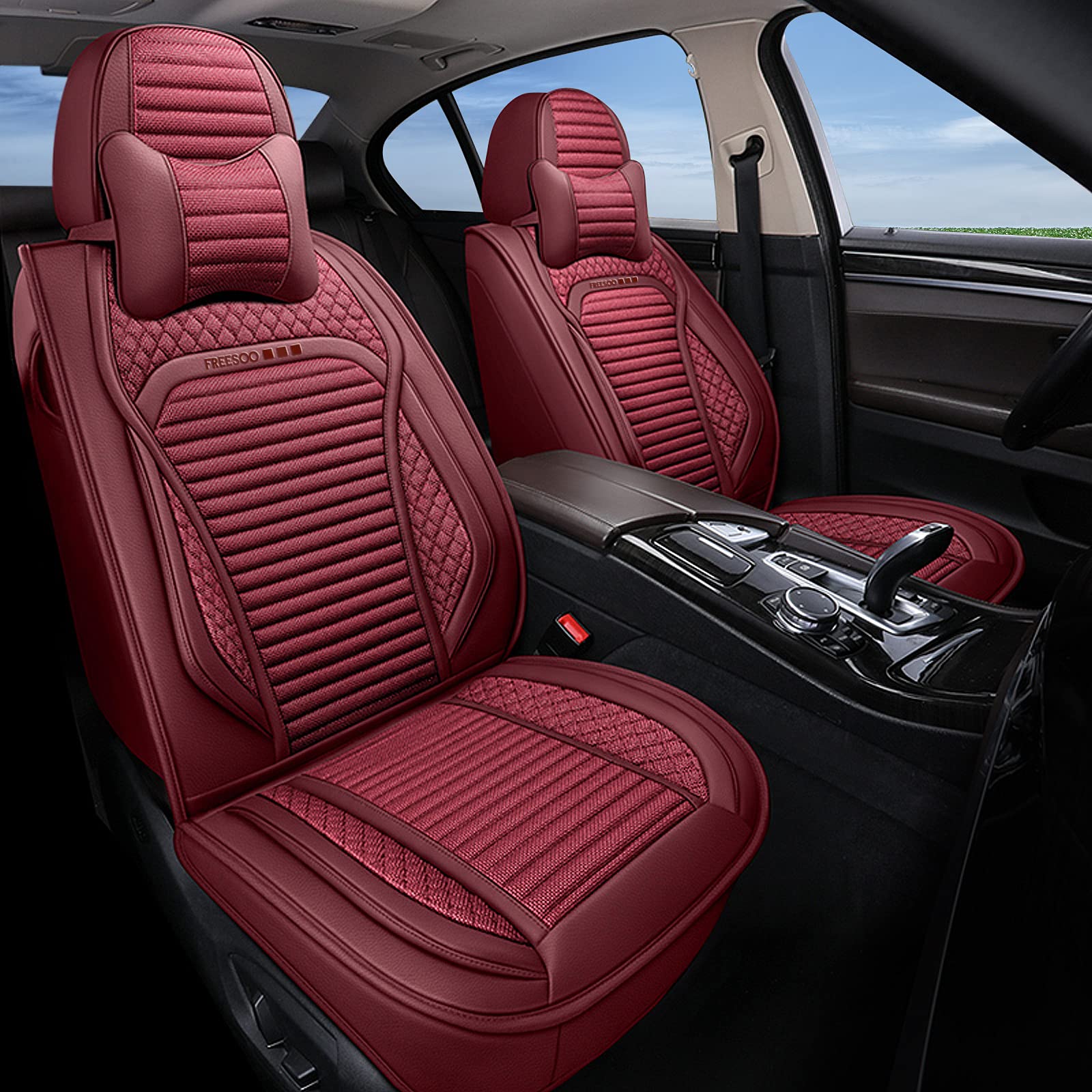 Premium Leather & Linen Car Seat Covers - Universal Fit for 5-Seat Vehicles - All-Season Protection & Comfort - Fashionable Full Coverage Auto Accessories (Red) - Perfect for Family Road Trips, Commuting & Car Interior Protection
