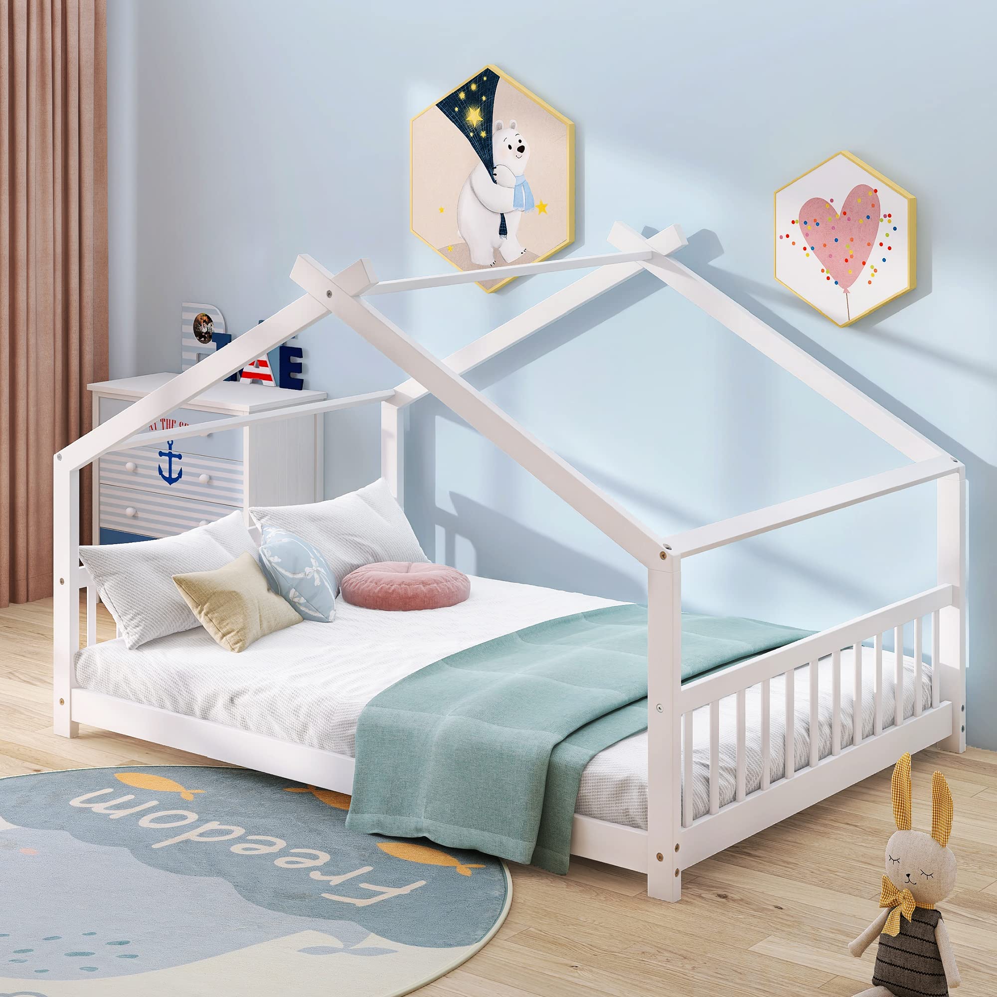 Harper & Bright Designs Full Size Wooden House Bed Frame for Kids - Sturdy Headboard & Footboard, Slat Support, No Box Spring Needed (White) - Perfect for Kids' Bedrooms, Playrooms & Montessori Floor Beds