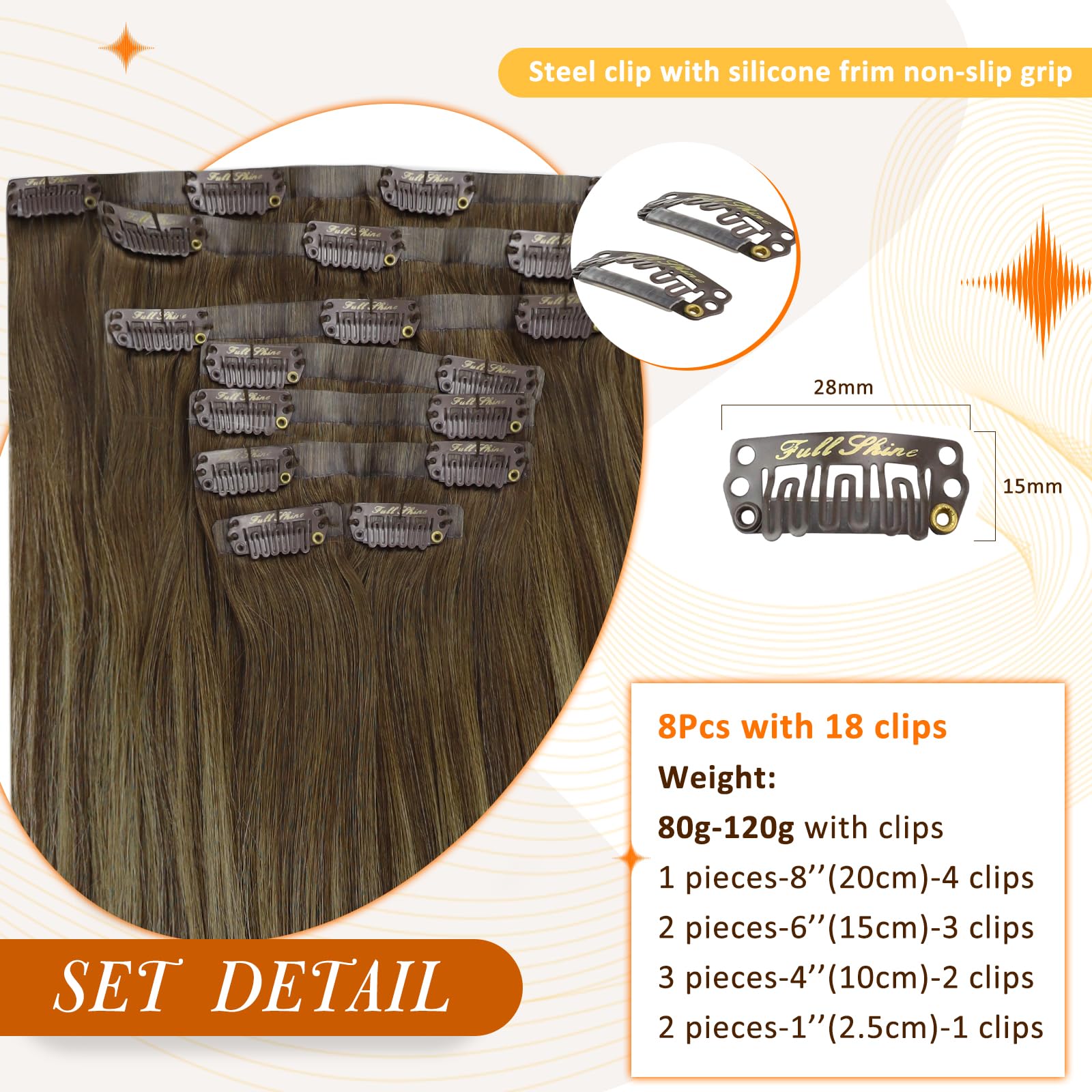 Silky Straight Brazilian Human Hair Extensions Clip-in 8Pcs 120g 22 Inch - Full Shine Brown to Honey Blonde Blend Remy Hair for Natural Volume & Length | Perfect for Parties, Weddings & Daily Styling