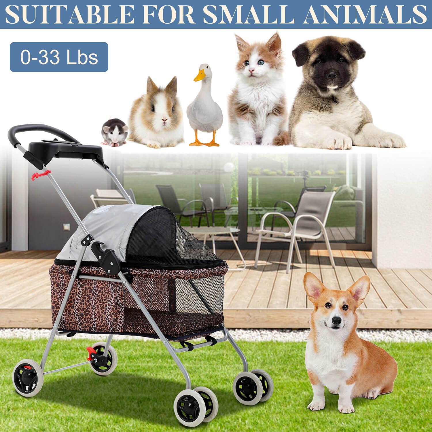 **4-Wheel Folding Dog & Cat Stroller - Durable Waterproof Pet Carrier with Cup Holder, Zippered Mesh Windows & Canopy - Leopard Print Design for Travel, Walks & Outdoor Adventures**