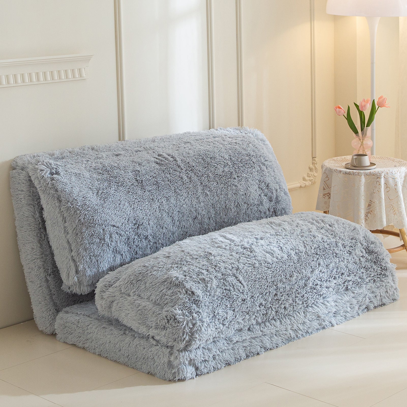 MAXYOYO Folding Floor Sofa Bed - Grey Faux Fur Bean Bag Chair with Foam Filling, Convertible Sleeper for Living Room, Bedroom & Dorm | Comfortable Lounge Seating for Relaxing, Reading & Napping