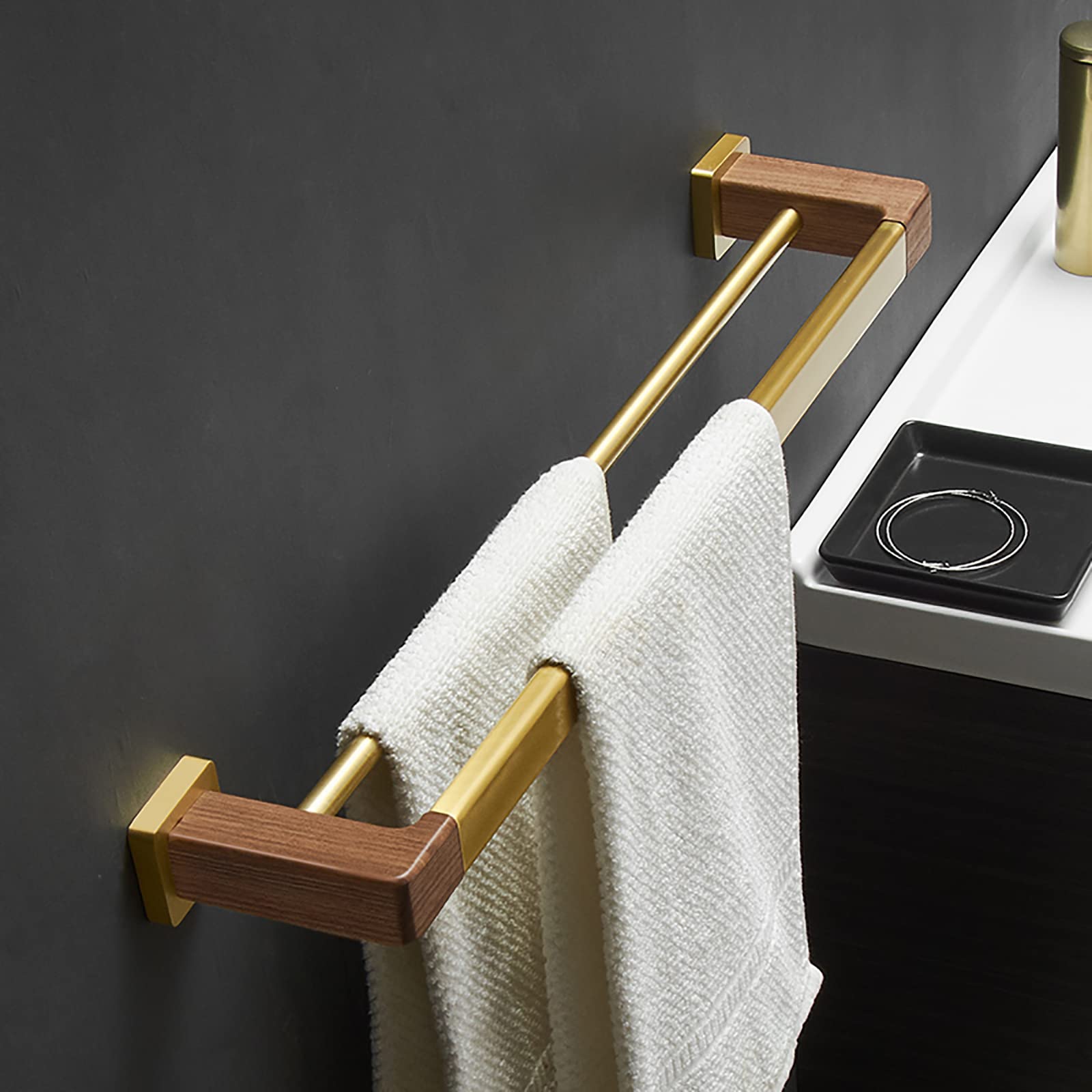 Brushed Gold & Walnut Double Towel Bar - Wall Mounted Bathroom Towel Rack with 2 Rods - Space Saving Aluminum Towel Holder for Kitchen, Toilet & Bathroom Storage - Perfect for Small Spaces & Modern Home Decor